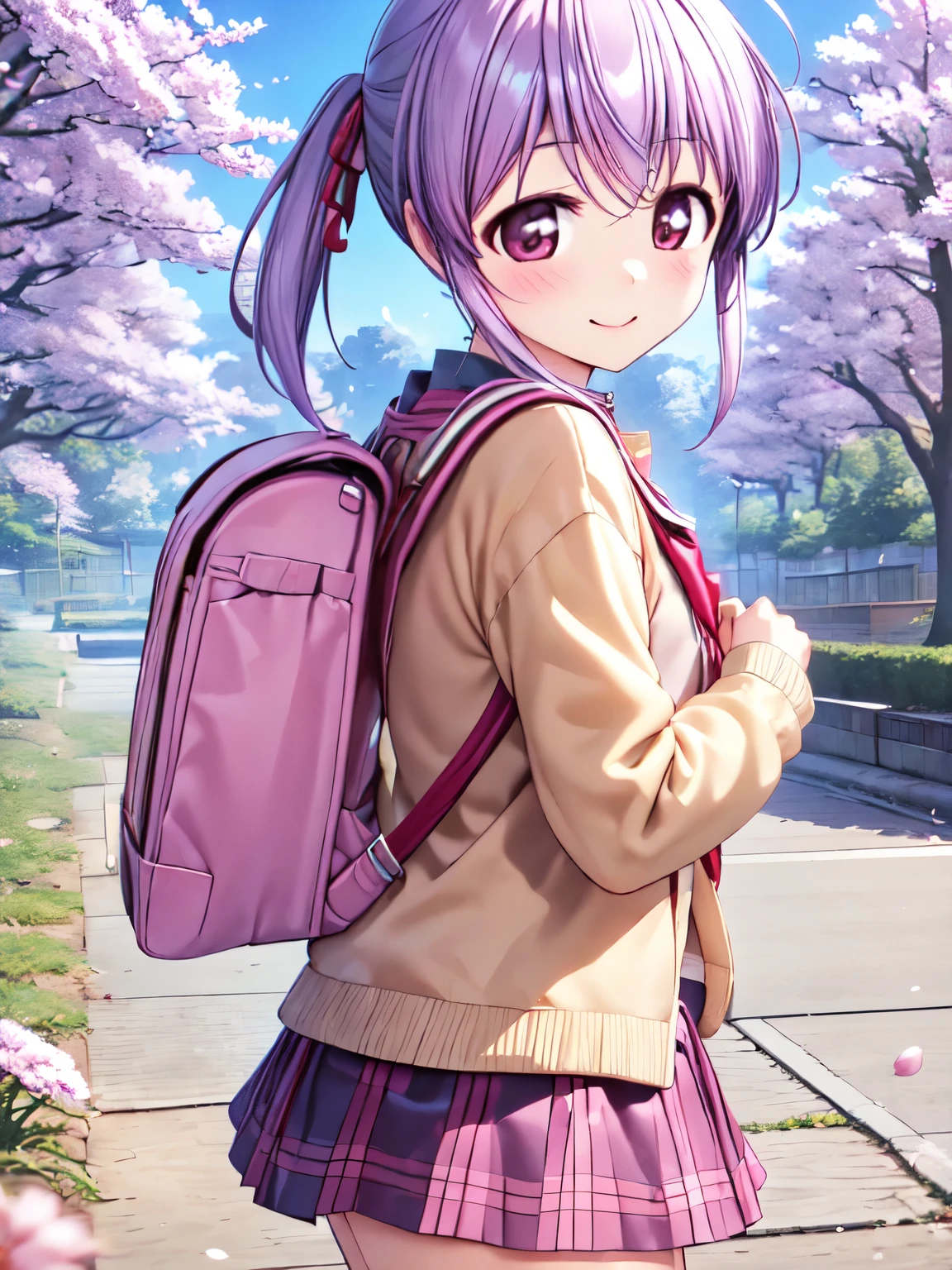 (masterpiece), (Very detailed), Original girls_Otome、big, Round eyes、highest quality, 8k, 1 girl, Neuro-sama, alone, 
Are standing, Looking at the audience, Portraiture, Brown cardigan, bow tie, Sailor collar, 
Ahoge, cherry blossoms,, null, Outdoor, smile, Heart Hair Ornament, Both sides up,, Blue Skirt, White shirt, serafuku, wearing pink randoseru backpack, (Randoseru Backpack:1.0)