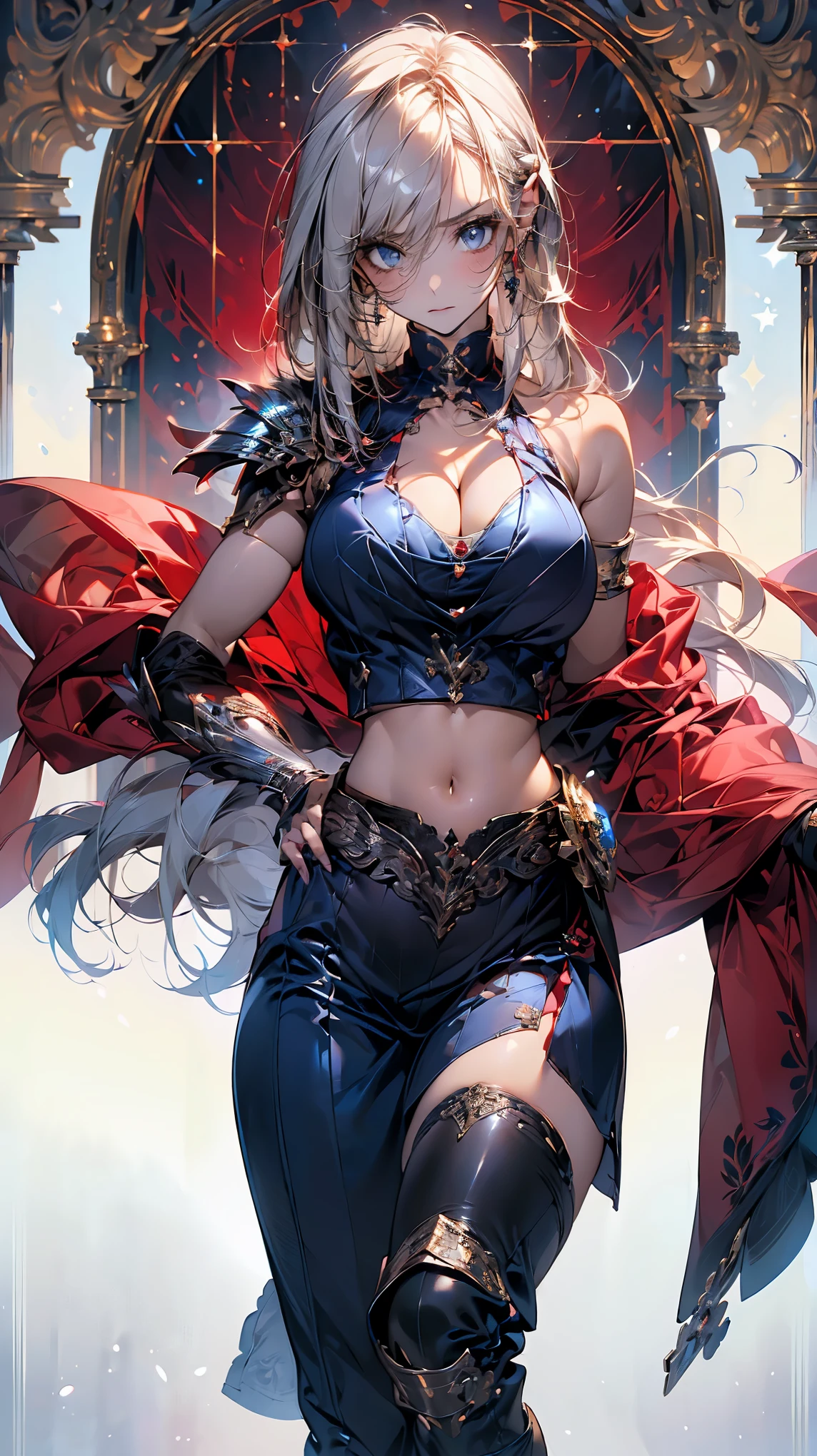 (((woman))), (((best qualityer))), (((tmasterpiece))), (((AS-Adult))), (((1girll))), ((( Bob Hair))), A 20-year-old cyberpunk gladiator with a perfect body, Shoulder pads with metal spines, Brooklyn gladiolus, Small leather panties, Torn football team shirt, Simon Beasley, almost naked(Simon Bisley)Urban barbaric style for(heavy metal) Minimum clothing, Left arm metal protection,With complex graphics, dark red color,White stars and white and navy blue checkerboard pattern, armure, Full of tips and rivets, (((From the knee up))), Short white blonde hair, The background is Shepard Fairley(Shepard Fairey)Painted walls of complex design,standing,(large breasts),(wide hips:1.7),(Stand with your hands on your hips and your weight on one leg),(cleavage:1.5),(white clothing),