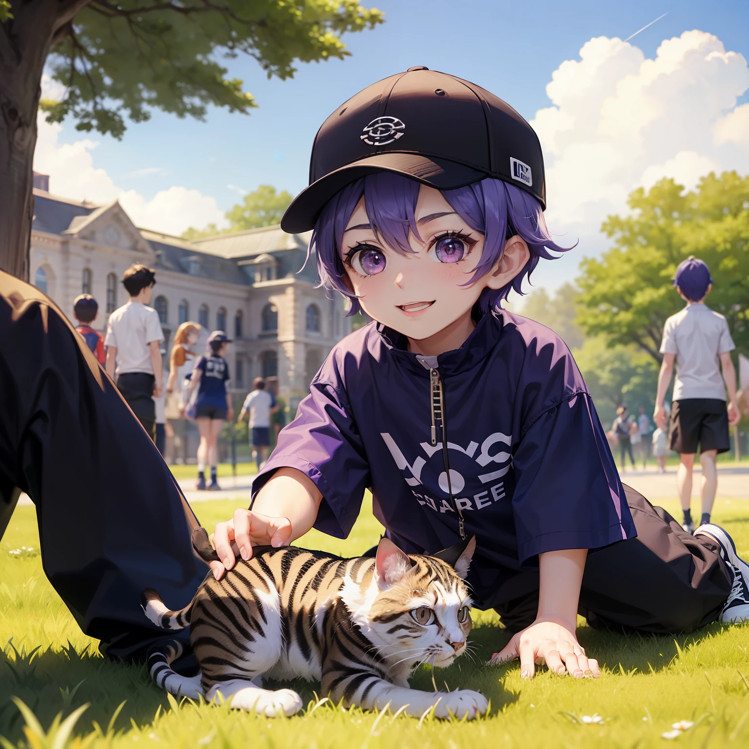 boy、3 boy、Short Hair,Sports Cap、cool、cool、Handsome、smile、Purple Hair、Purple eyes、Purple clothes、Playing in the park、Cat、Play with friends