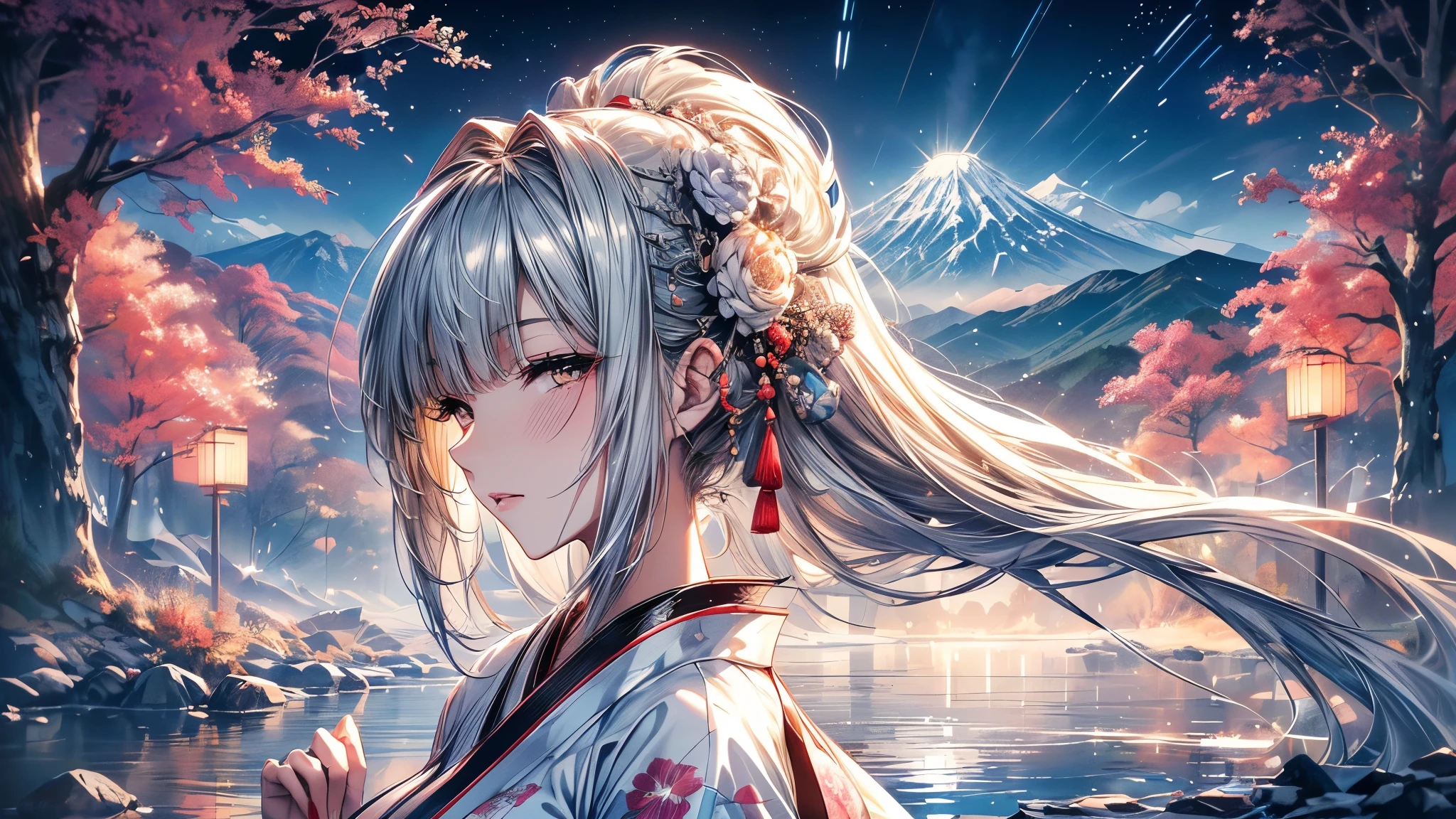 (Beautiful models in Japanese kimono ads), (Solitary), ((The face is 80% Beauty and elegance, 20% Playful:1.5)), (Her), Clear eyes, (Delicate eyes, Light brown eyes, Smart pupils), Double eyelids, (Sexy and slightly thick lips:1.2), Ultra Detailed and incredibly high resolution Kimono, Highly detailed facial texture, Attractive body shape, Full figure、very attractive woman, High-resolution RAW color photos Professional photos, rest ultra high-resolution textures, High resolution body rendering, big eyes, An unrivalled masterpiece, Incredibly high resolution, Ultra Detailed, Amazing ceramic skin, rest (Wearing a sparkling limpa flow silver kimono,There are many colors of Limpa Silver), (The main color is Rinpa shiny silver, Black to silver gradient from hem to collar), (Meticulously crafted classic Japanese shiny silver kimono), ((The embroidery pattern is a Japanese dragon, cloud, Mountains, and rivers)), (A belt that matches this kimono), ((shiny silver kimono,With delicate and elegant embroidery)), (The background is a night view,Light snow falling) rest ((best quality, 8k)), Clear focus:1.2, (Layer cutting, Large target:1.2), (Beautiful Women in Perfect Shape:1.4), (Beautiful figure,Full breasts:1.3), Slim waist, (The right hand shape:1.5), (full-body shot | Cowboy shooting | Rear view)
