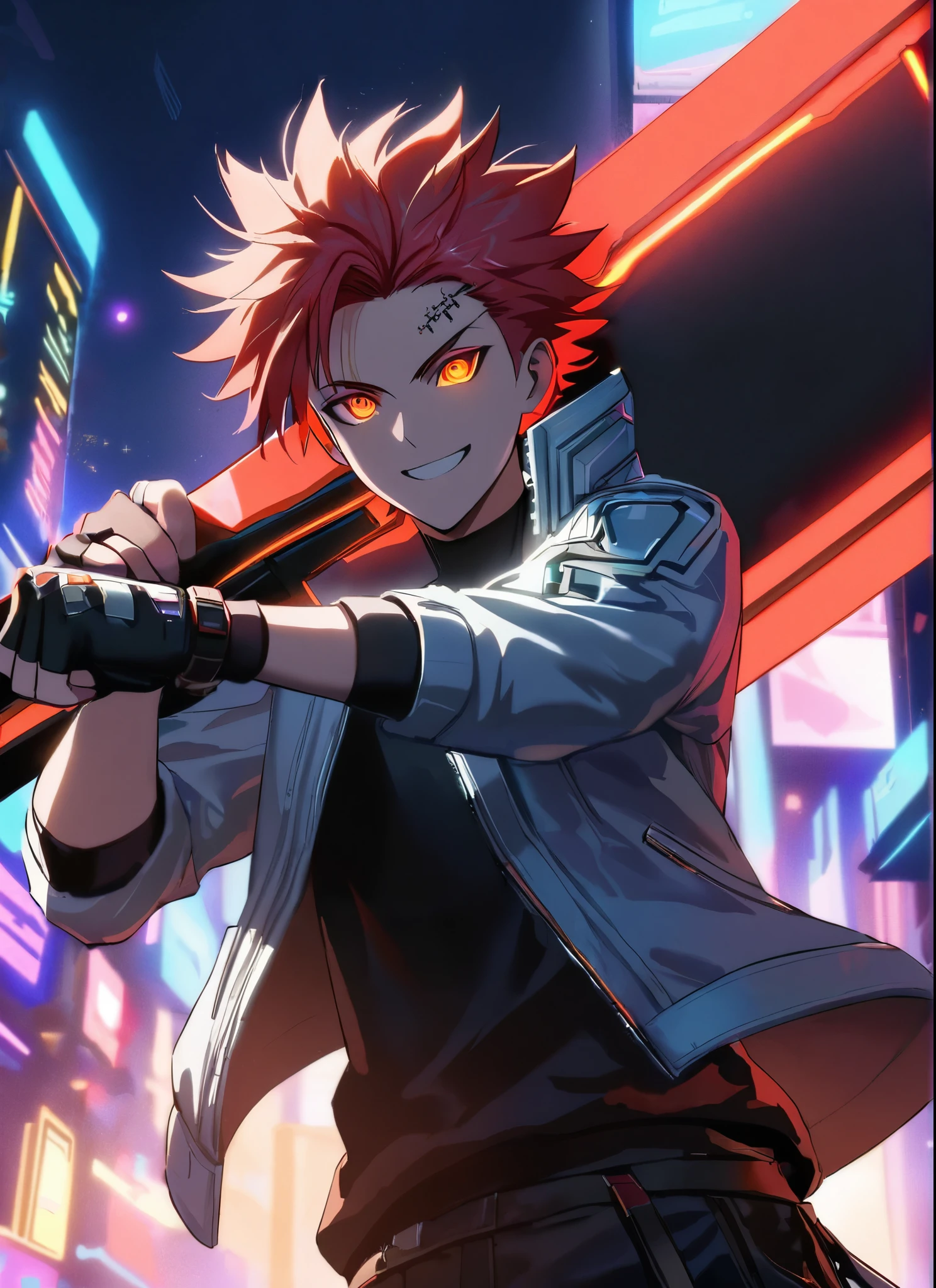 A man, short hair, spiky upwards, with some strands falling on the forehead,  with a giant Sword on the back, a giant neon black sword , wearing a leather white jacket and black t shirt, stand and confident pose, confidente smile, cyberpunk, night, fingerless gloves , red hair, neon eyes