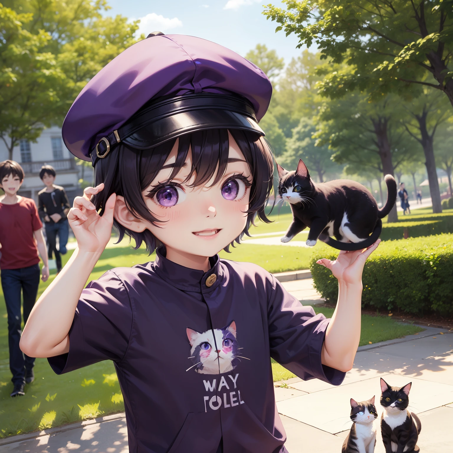 boy、3 year old boy、Short Hair,cap、cool、cool、Handsome、smile、Purple Hair、Purple eyes、Purple clothes、Playing in the park、Cat、Play with friends