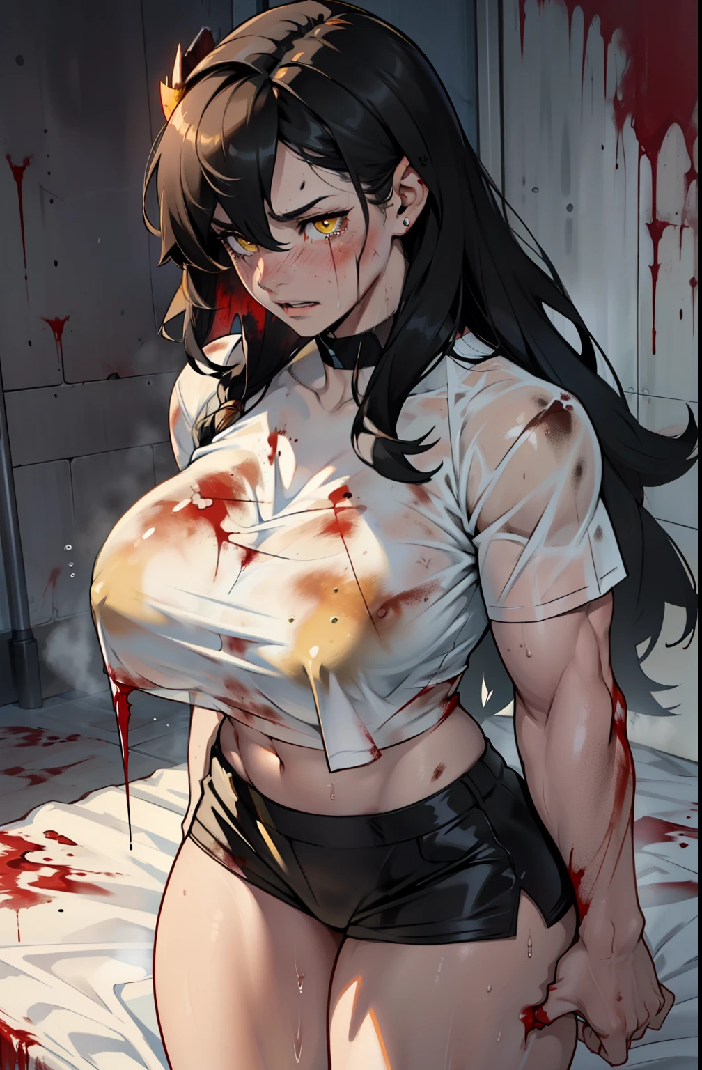 1girl, solo, (extremely long hair), pale skin, (muscular), sweaty, shiny skin, ((huge breasts)), muscular, midriff, black hair, yellow eyes, (thick thighs), bed, standing, (((bleeding))), (((bruise))), (((blood))), (((cuts))), ((tears)), crying, (looking at viewer), (see-through)