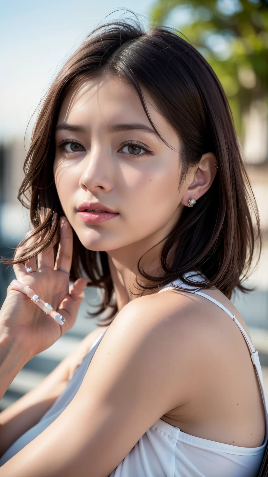 ((highest quality, 8k, masterpiece: 1.3, RAW Photos)), Sharp focus: 1.2, (1. AESPA Girl: 1.1), (Realistic, photo-Realistic:1.37), Face Focus, Cute face, kind, Brunette short messy hair, Sitting, mini skirt, Cute camisole,The chest is visible,, garden, garden, sunlight, Cinema Lighting,(head shot:1.5)