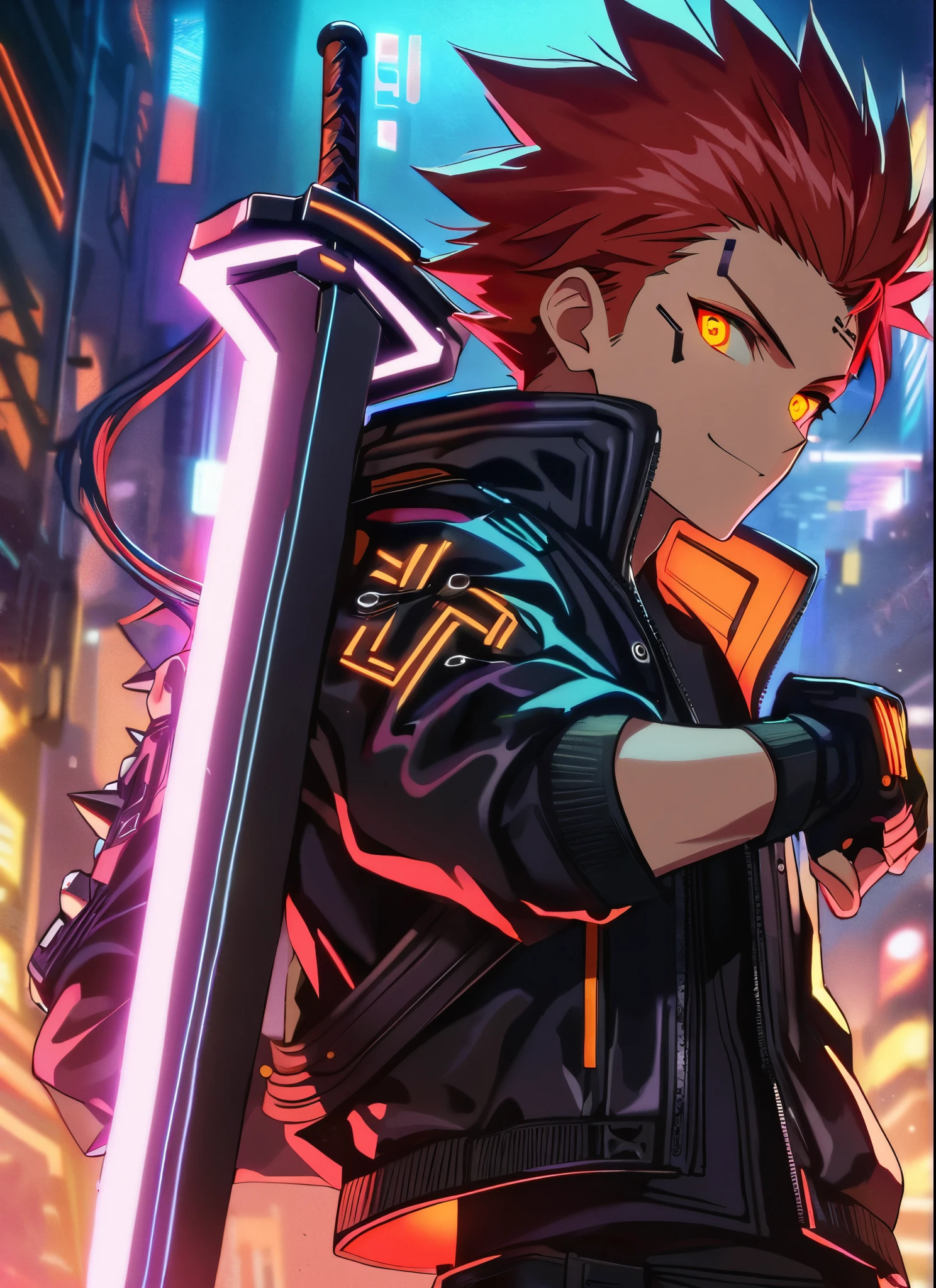 A man, short hair, spiky upwards, with some strands falling on the forehead,  with a giant Sword on the back, a giant neon black sword , wearing a leather white jacket and black t shirt, stand and confident pose, confidente smile, cyberpunk, night, fingerless gloves , red hair, neon eyes, dangerous look