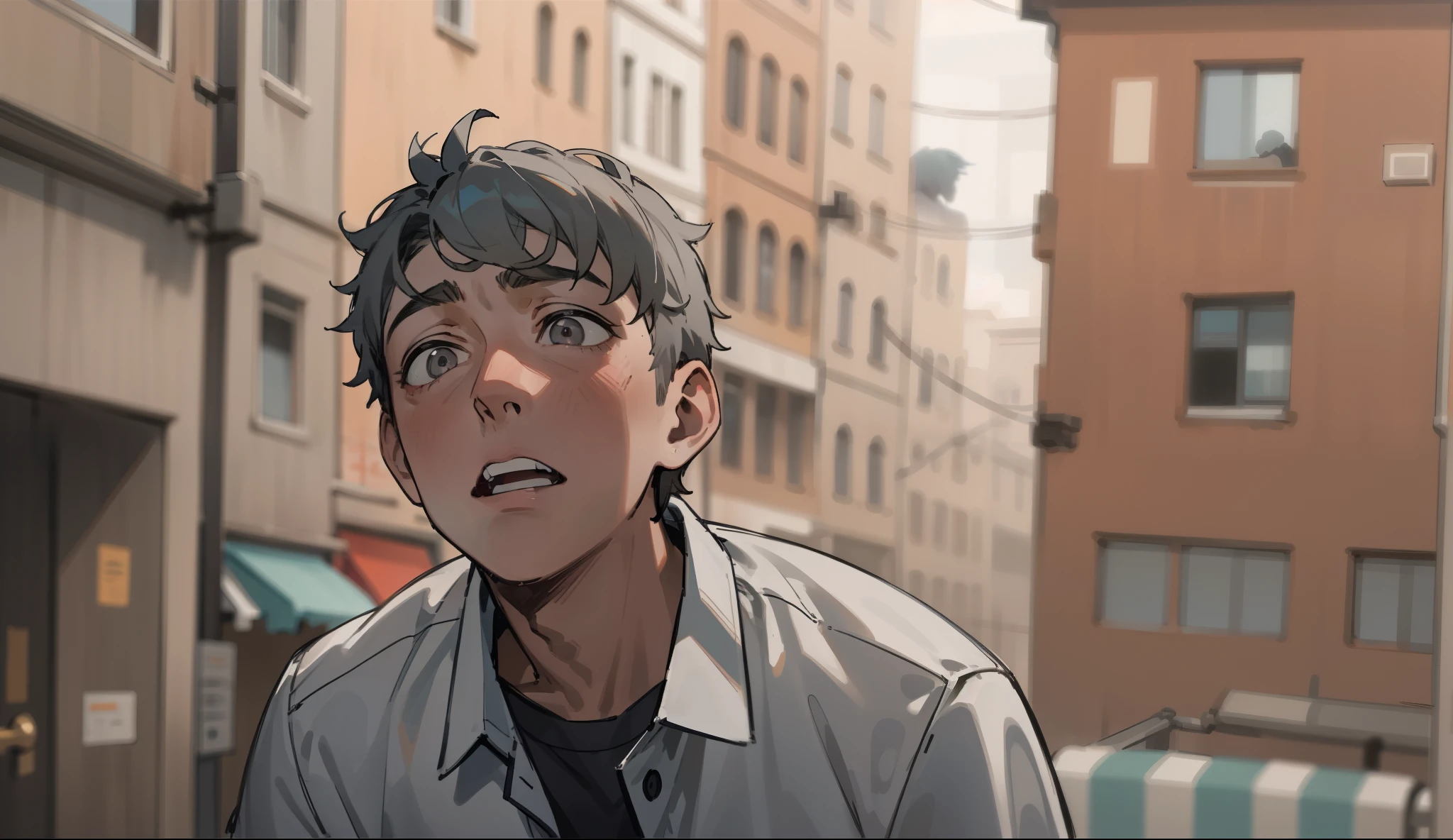 old boy looks up he is exhausted from running and he is scared he sees someone he looks up gray eyes gray hair