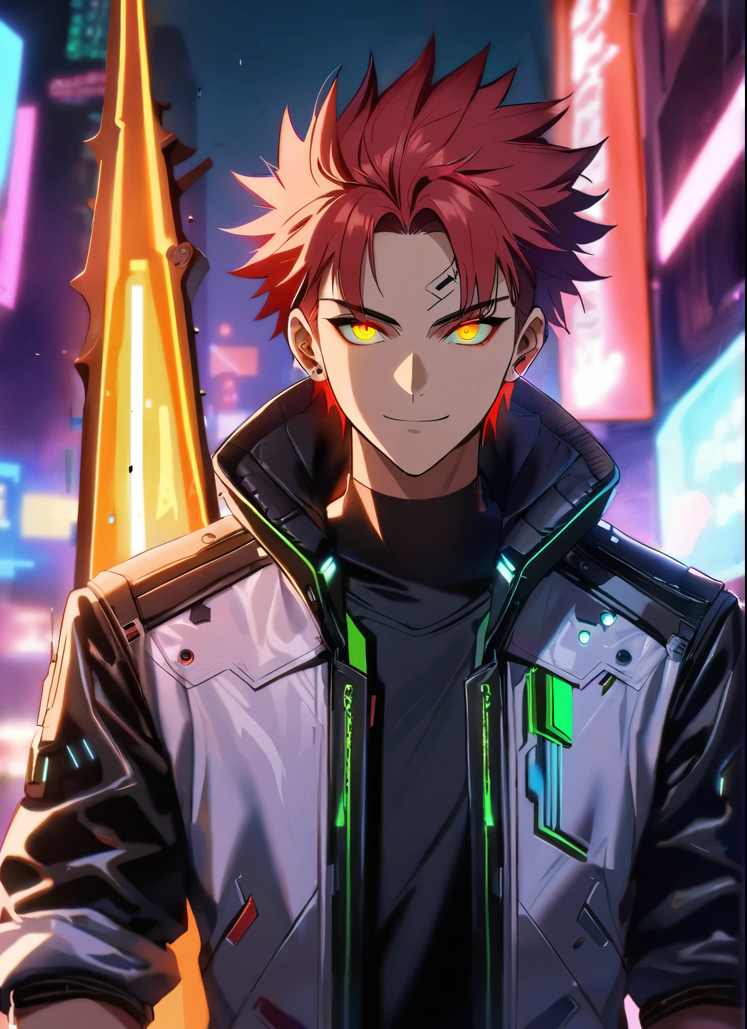 A man, short hair, spiky upwards, with some strands falling on the forehead,  with a giant Sword on the back, a giant neon black sword , wearing a leather white jacket and black t shirt, stand and confident pose, confidente smile, cyberpunk, night, fingerless gloves , red hair, neon eyes, dangerous look