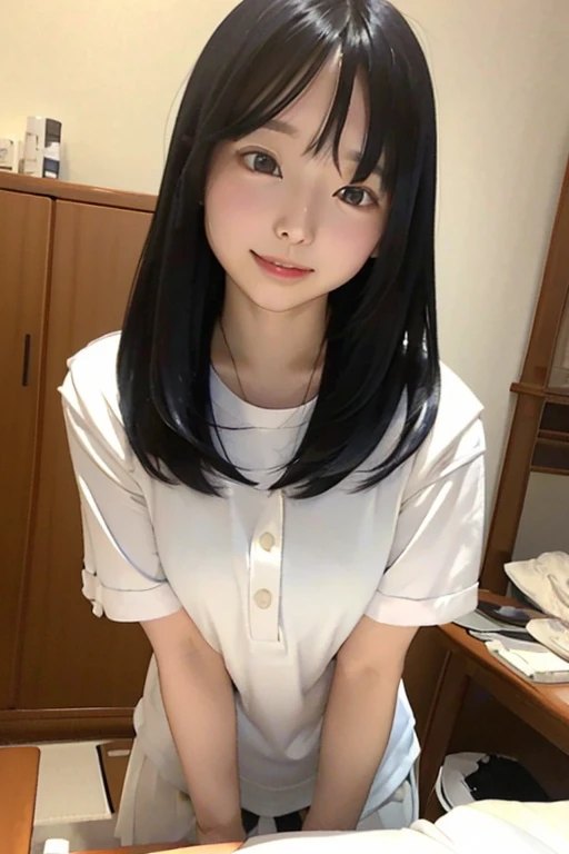 Girl in a nude t-shirt、最high quality, Ultra-high resolution, Highly detailed skin, Physically Based Rendering,Down blouse, Look down,(An 18-year-old Japanese high school girl is standing leaning forward, No bra, Layered button shirt, , Small breasts, Nipples are visible, From side to top),(Beautiful background:1.2), (Cleavage)Sitting on a chair, Long black hair, A white blouse with a low chest and a slim and beautiful body、Beautiful breasts、Laughter、Whole Body Ezbian:1.2.Beautiful Skin, Blurred Background，masterpiece，high quality，4K resolution