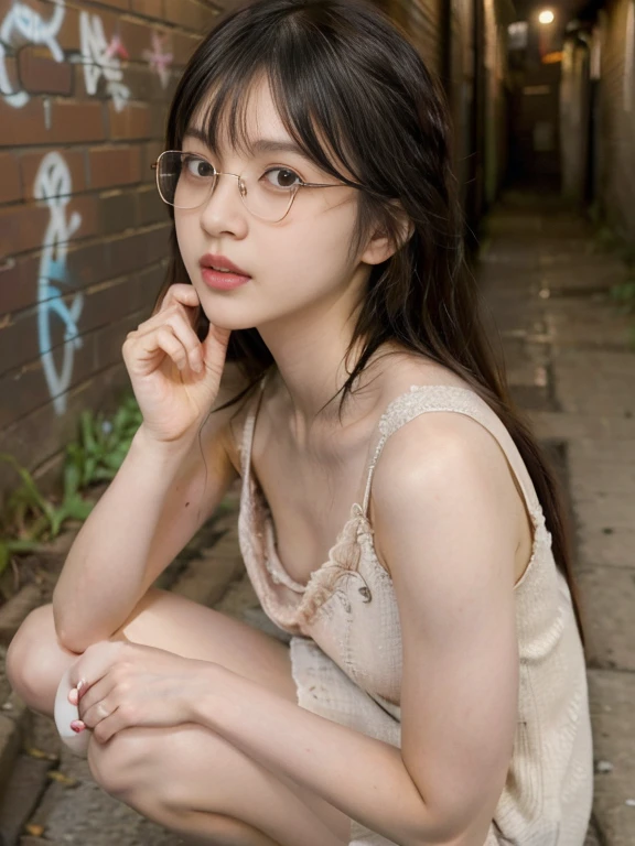 raw photo, 8k, (top-quality), Realistic, (real picture, Intricate details), (natural skin texture, detailed skin, hyper realism, sharpness), (glasses Japanese teenage girl squatting in a dirty back alley at night, graffitied wall:1.3),(cute detailed bra with embellishments), ((tank top, munechira)), (pale skin:1.2, slender body), ((long straight hair, blunt bangs)), (glasses seductive face, provocative look, Parted lips:1.3, eye bag:1.2, red thick lips), graffiti:1.5, night time, spot lighting:1.3, upper body shot,puffy nipple, view from side above