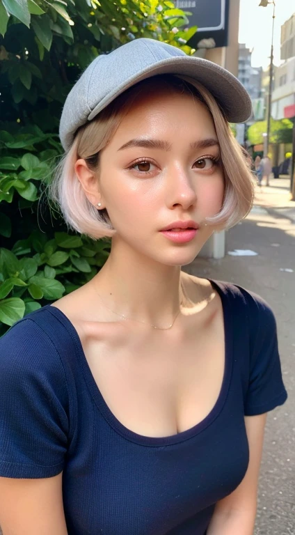 ((best qualtiy,8K,tmasterpiece:1.3)),(Flower Cap:1.3),Perfect beauty:1.4,glute:1.2,(Layered Hair Style:1.2)),(the street:1.3),Highly detailed face and skin textures,full body Esbian,Elaborate Eyes,double eyelid,Whiten skin,Short Wave Hair,Cute Beauties(With a detailed face:1.5),(Loose top,short trousers:1.6)