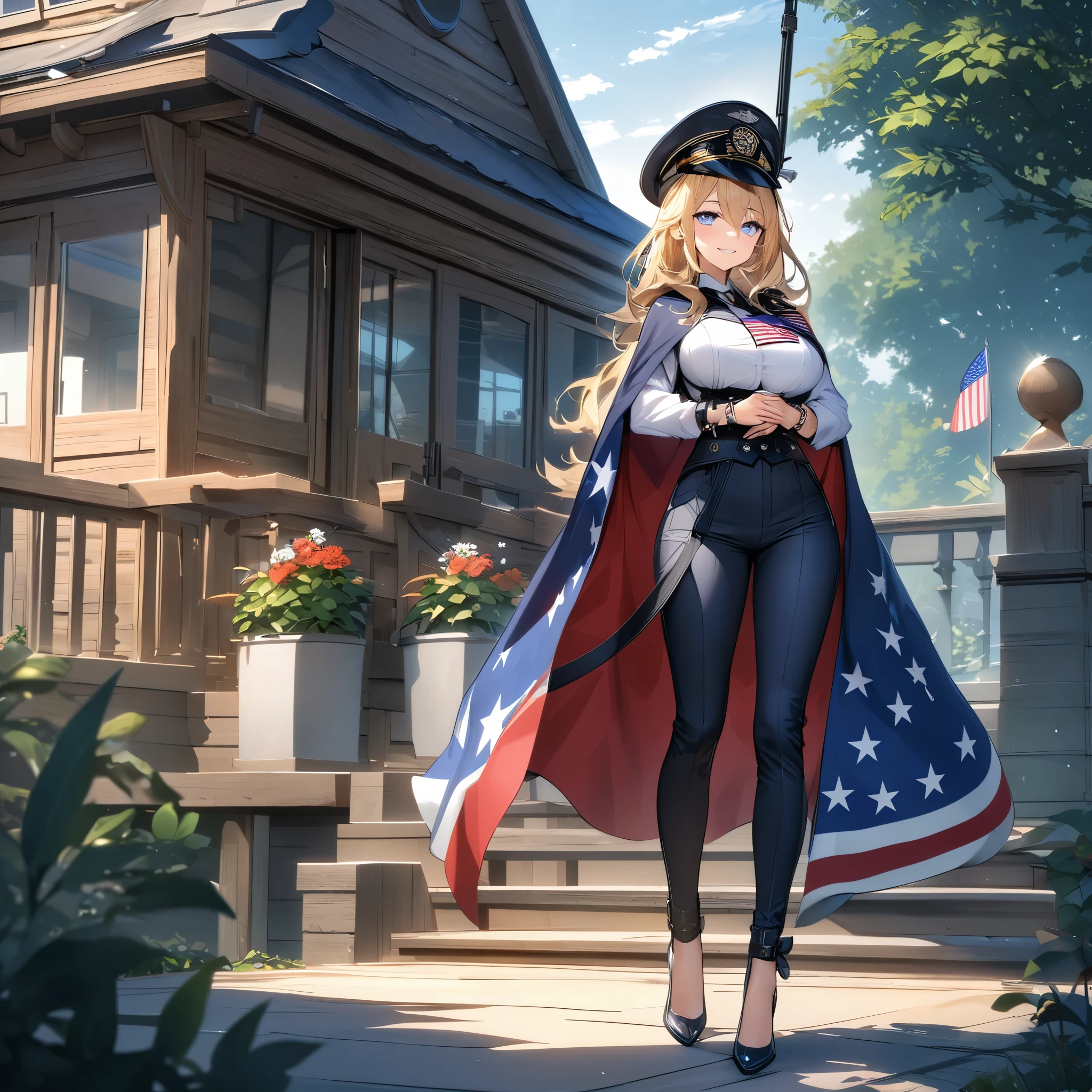 A woman wearing a navy blue coat as a cape on her back, white shirt inside, big breasts wearing tight pants personalized with the flag of the United States, wearing heels, long blonde hair, ice blue eyes, smiling, artillery tower shaped bracelet in his hands, a helm on his head shaped like a warship control tower, full body, walking on the porch of a large house, customized luxury house, garden on the porch, flag of the United States, (woman solo), HDR, ultra resolution, sharp, masterpiece, 8K HD