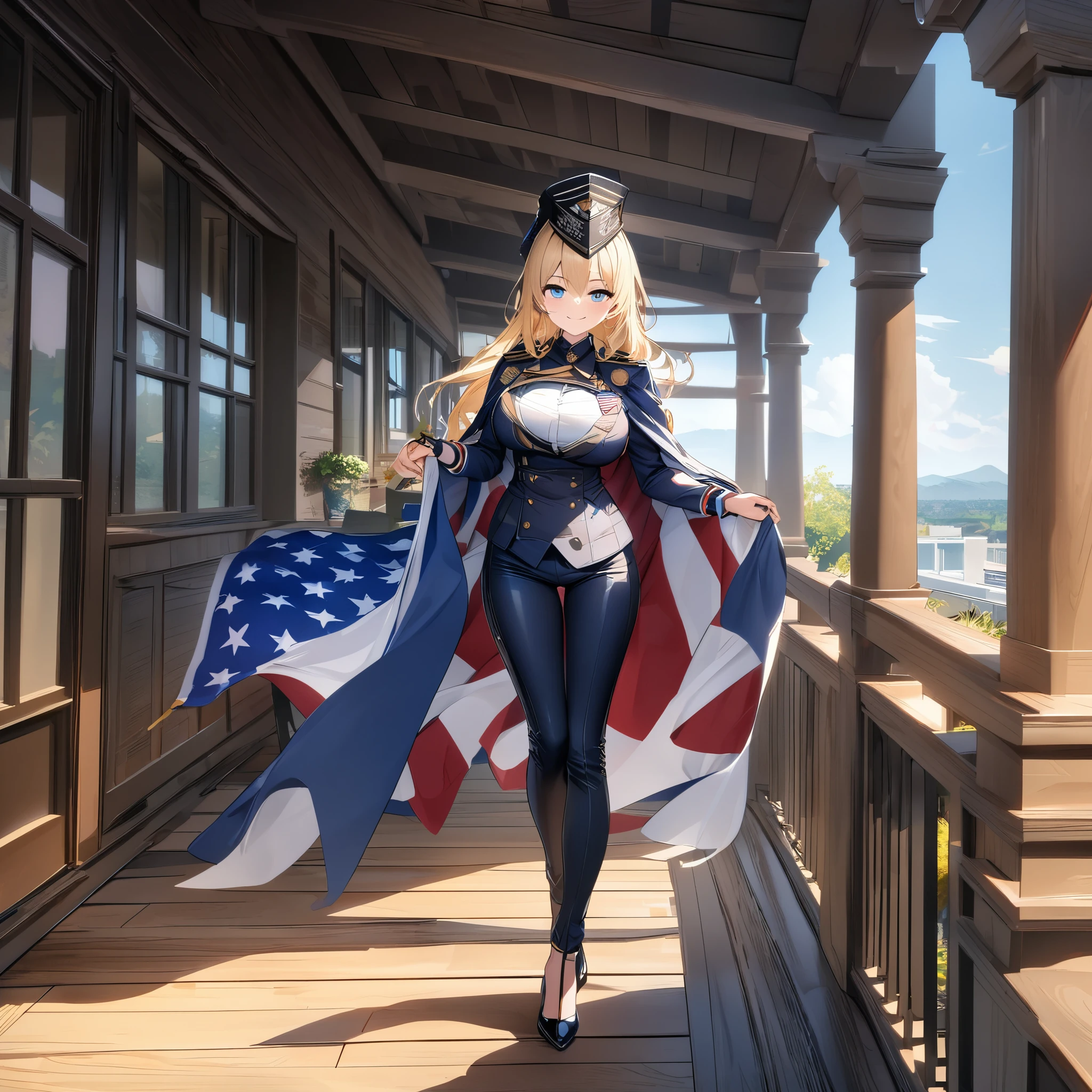 A woman wearing a navy blue coat as a cape on her back, white shirt inside, big breasts wearing tight pants personalized with the flag of the United States, wearing heels, long blonde hair, ice blue eyes, smiling, artillery tower shaped bracelet in his hands, a helm on his head shaped like a warship control tower, full body, walking on the porch of a large house, customized luxury house, garden on the porch, flag of the United States, (woman solo), HDR, ultra resolution, sharp, masterpiece, 8K HD