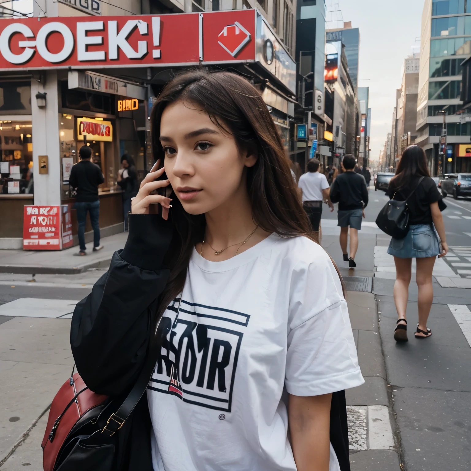 Best quality, in the city, everybody on their cell phones, a girl really attached on her cell phone, got "FOMO" on billboard or advertising screen