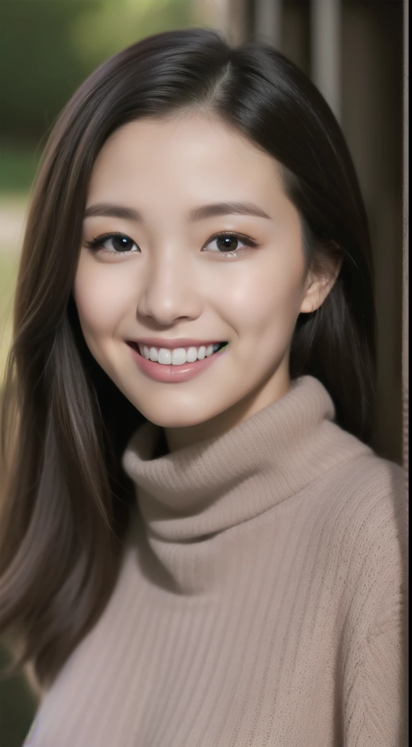 The face is a hostess、Wear a turtleneck sweater、hiquality、A hyper-realistic、healthy、Smiling expression、Slender perfect figure、Japan beauties、beautidful eyes、face perfect、Beautiful skin、The upper part of the body、the morning sun