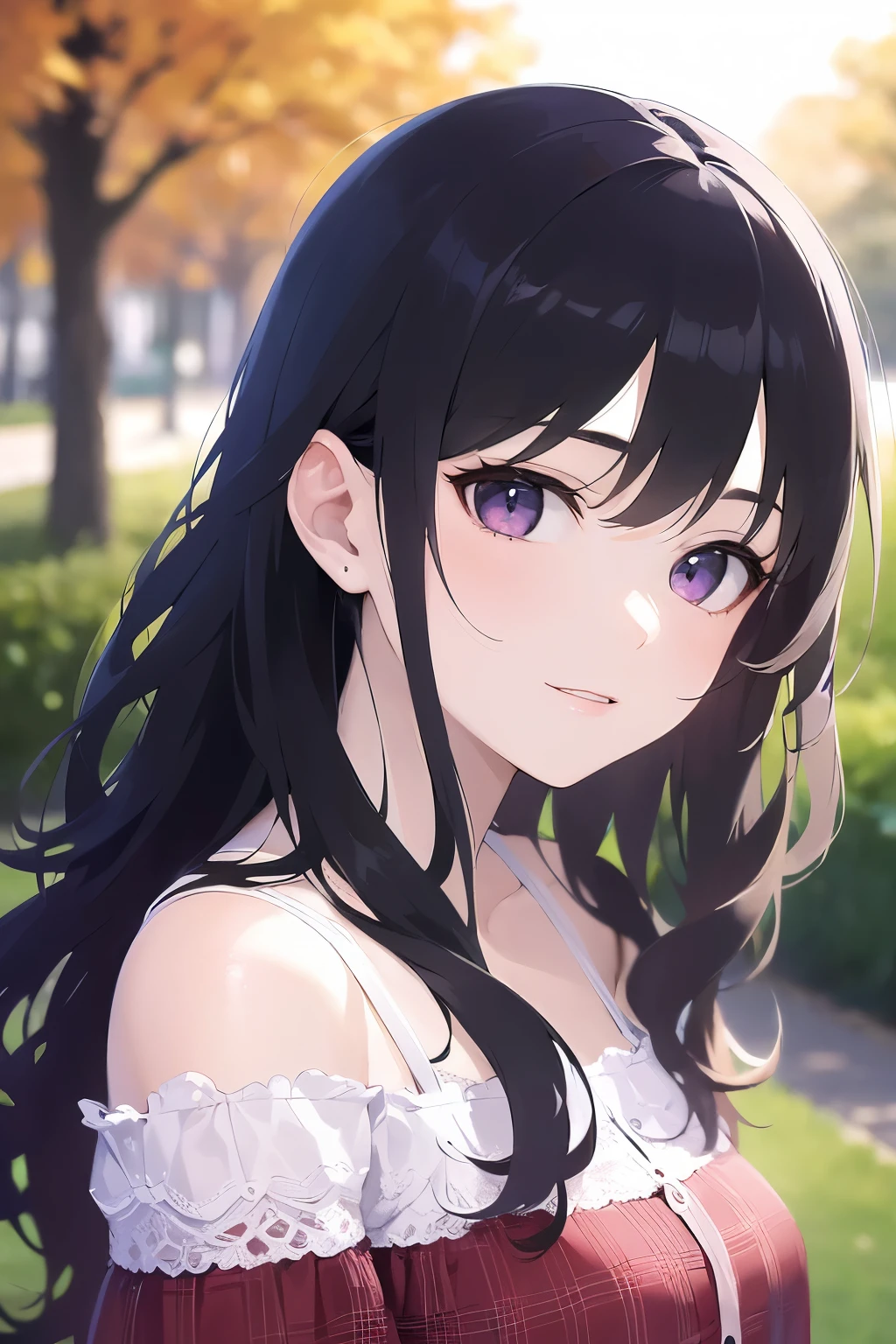 looking up, POV, head tilt、Upper Body, Realistic, real person, (pale skin: 1.2), RAW photo, photorealistic, portrait photography, shiny skin, shiny hair、(A 25-year-old woman with wavy hair and bangs) and (medium hair) and (black hair) and (purple eyes) , (pink dress) and (Off the shoulder) and (long sleeve)、smile, The background is a park、wood、grass、Sidewalk、Alone、Are standing