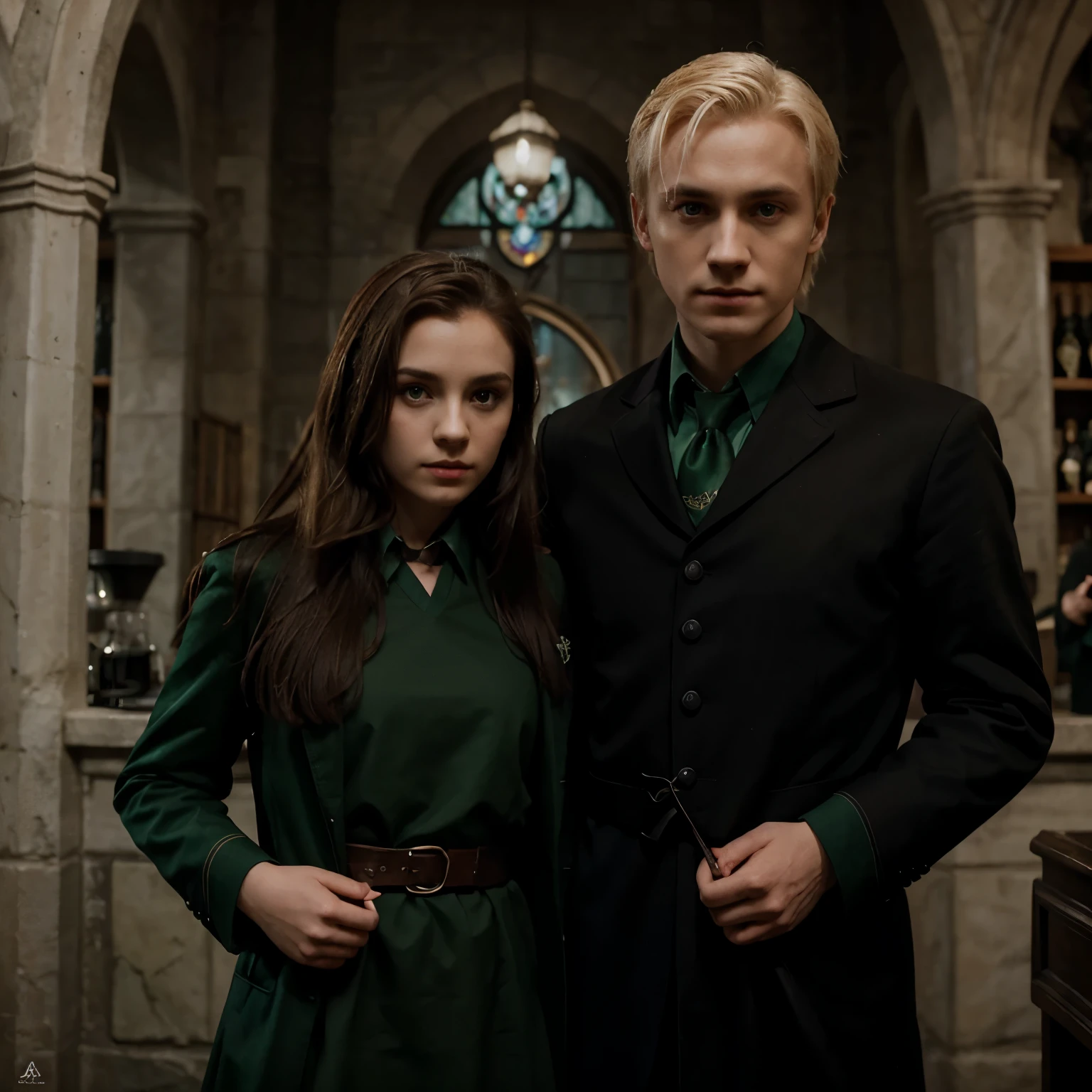 Create draco malfoy in his slytherin uniform holding the hand of a girl with long brown hair, de ojos cafes, con el uniforme de ravenclaw