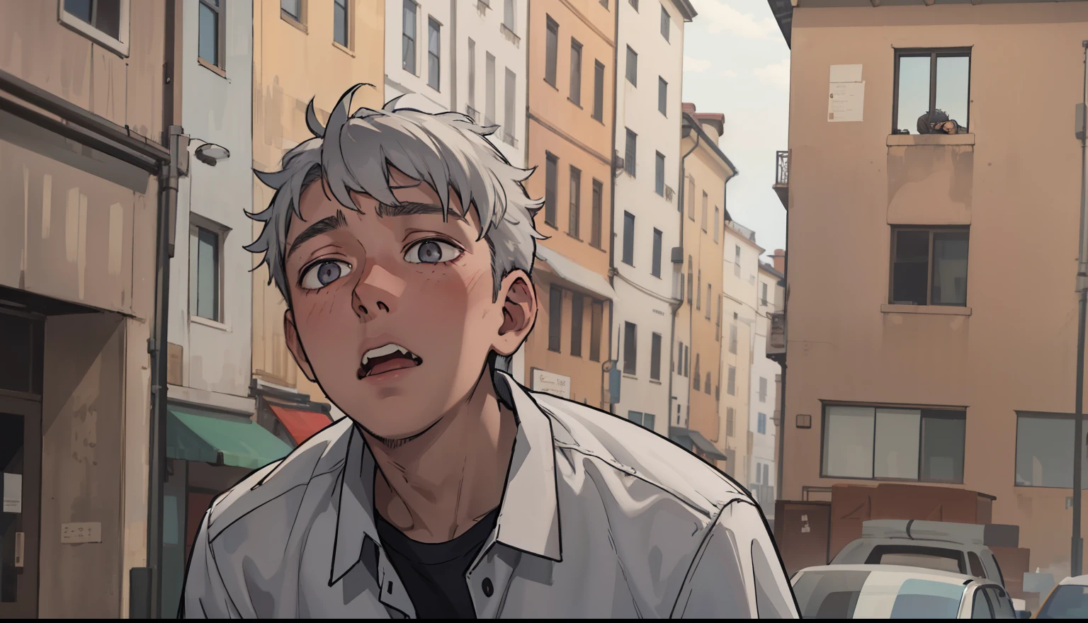 17 year old boy looks up he is exhausted from running and he is scared he sees someone he looks up gray eyes gray hair