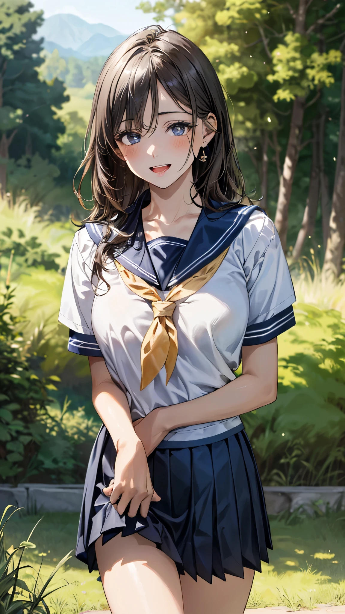 (masterpiece:1.3, top-quality, ultra high res, ultra detailed), (realistic, photorealistic:1.4), beautiful illustration, perfect lighting, natural lighting, colorful, depth of fields, surrealism, nsfw, 
beautiful detailed hair, beautiful detailed face, beautiful detailed eyes, beautiful clavicle, beautiful body, beautiful chest, beautiful thigh, beautiful legs, beautiful fingers, shiny skin, 
looking at viewer, 1 girl, japanese, high school girl, (perfect anatomy, anatomically correct, super detailed skin), cute and symmetrical face, face, perfect face, perfect eyes, 
(middle hair, straight hair, charcoal gray hair), crossed bangs, blue eyes, drooping eyes, big eyes, long eyelashes, (large breasts, seductive thighs), slender, outstanding style, 
((detailed cloth texture, short sleeves, sailor uniform, pleated skirt, sailor collar, scarf)), 
(beautiful scenery), evening, (grassy), (walking), (lovely smile, upper eyes, open mouth),