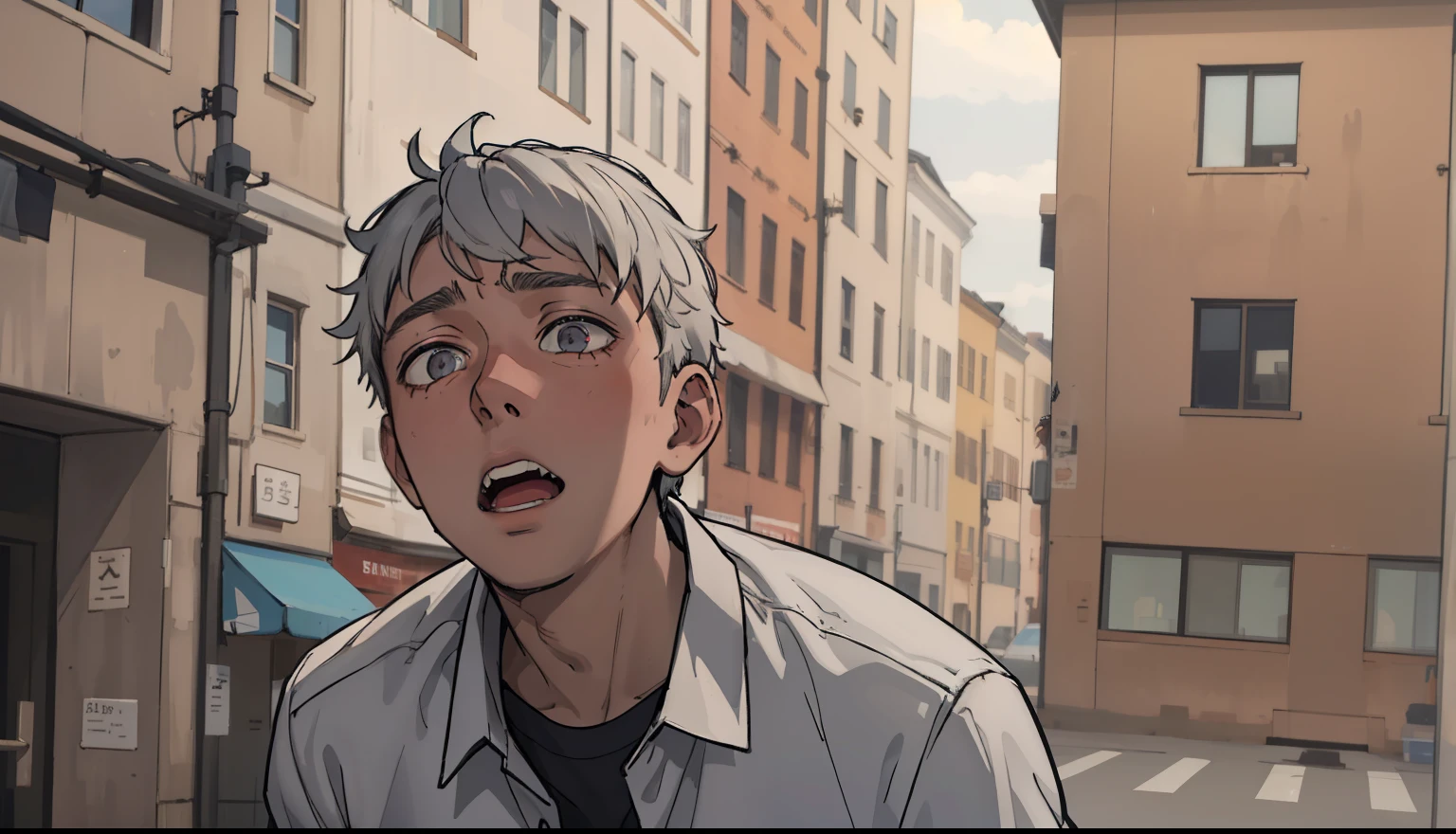 17 year old boy looks up he is exhausted from running and he is scared he sees someone he looks up gray eyes gray hair