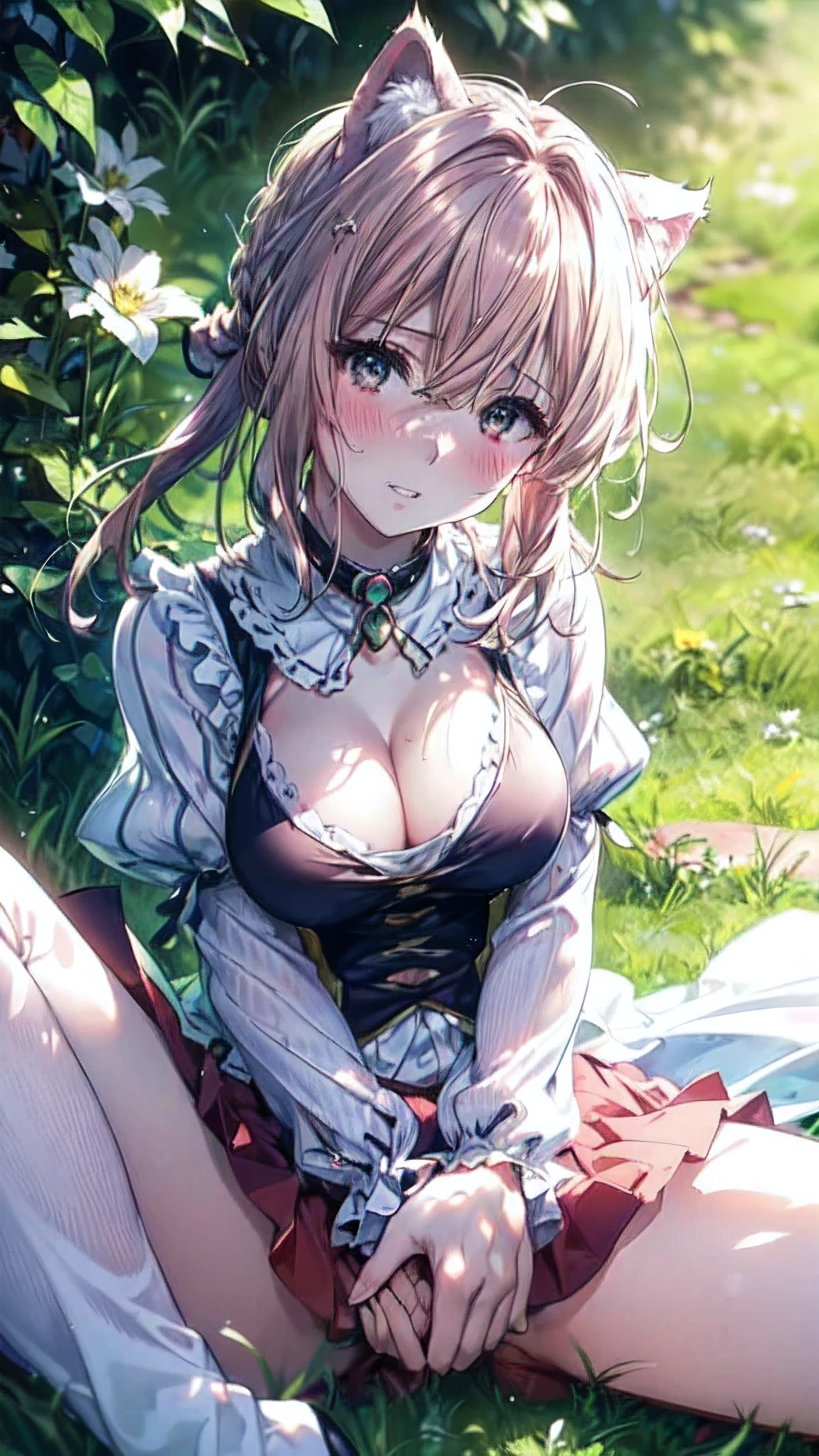 (Ultra-high resolution of the highest quality, masutepiece, Best Quality, 8K, Super Detail, Best Quality:1.3), (1 girl:2), (large breasts:1.8), (slender body:1.1), (drooping eyes:1.2), (blush cheek:1.4), (collar:1.4), front view, beautiful hair, beautiful face, beautiful eyes, beautiful body, beautiful hands, (clothes:1.4), (orgasm:1.6), (drunkard:1.7), (half open eyes:1.3), (grin broadly:1.2), (face focus:1.6), (from above:1.1), looking up, open mouth, outdoor, (lying on lawn:1.1), (face shot:1.6), (cat ear:1.2), (hand touch crotch:1.6), (up legs, knees bend:1.2), (spread legs:1.6)  