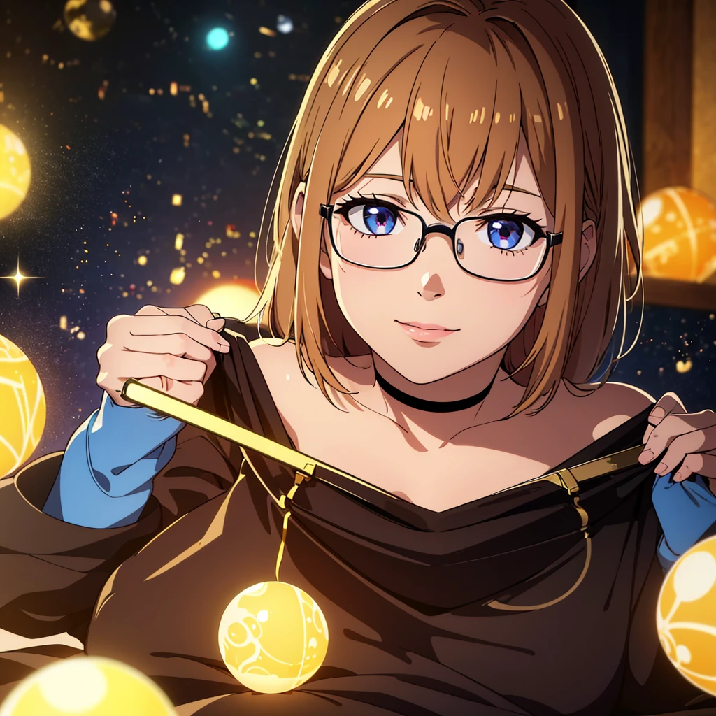 (best quality,4k,8k,highres,masterpiece:1.2), ultra-detailed, (realistic,photorealistic,photo-realistic:1.37), HDR, UHD, studio lighting, extreme detail description, professional, vivid colors, bokeh, portraits, anime, short dark hair, dark skin, beautiful detailed eyes, a small smile on her lips, shiny glasses lenses, sitting, with her hands holding a glowing orb while two other glowing spheres orbit around her.