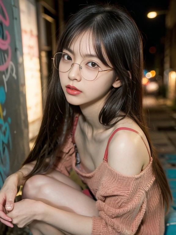 raw photo, 8k, (top-quality), Realistic, (real picture, Intricate details), (natural skin texture, detailed skin, hyper realism, sharpness), (glasses Japanese teenage girl squatting in a dirty back alley at night, graffitied wall:1.3),(cute detailed bra with embellishments), ((shirts, munechira)), (pale skin:1.2, slender body), ((long straight hair, blunt bangs)), (glasses seductive face, provocative look, Parted lips:1.3, eye bag:1.2, red thick lips), graffiti:1.5, night time, spot lighting:1.3, upper body shot,puffy nipple, view from above