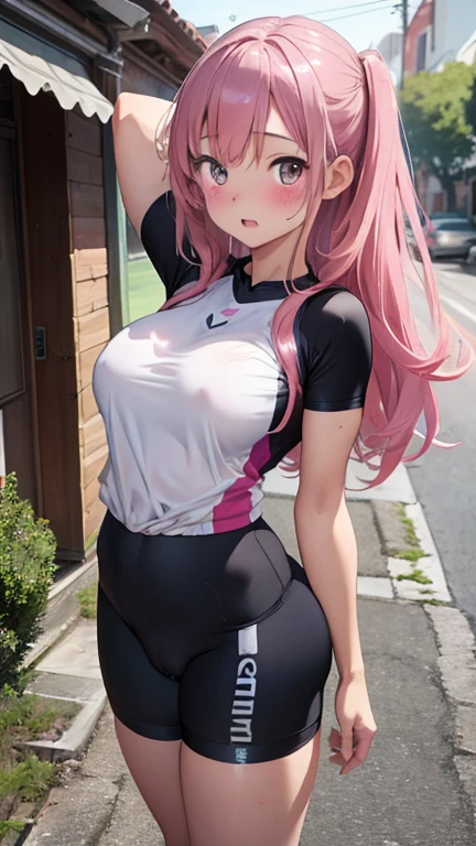masterpiece、highest quality、Very detailed、Photograph the upper body、1 female、(Put your arms behind your back:1.2)、Are standing、Turn your body forward、View your viewers、(Cycling Wear)、blush、shy、Pink Hair、Open your mouth、In town、Big Breasts、