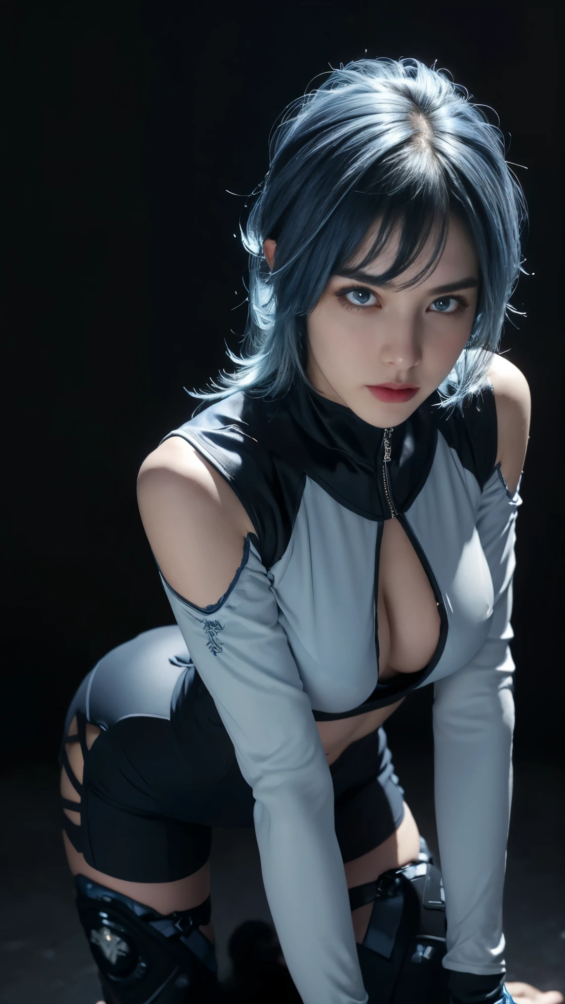 8K, Top Quality, Intricate Details, Ultra Detail, Ultra High Resolution, Masterpiece, close up shot, (full body: 1.1), Slender, Smile, (Makeup: 0.4), ((sexy pose,)), (Fluffy blue Eyes: 1.21), (()), 1girl, solo, 1 girl, ((bangs, blue hair, bangs, very short hair, bangs )), close up shot, , ((tall)), (((fit body))), (((slim face))), sharp face, ((, wind blow hair, )), ((black maxi dress, skin tight dress, torn dress, ripped dress)) , (detailed face), sharp face, small lips, perfect hands, ((walking pose, walk pose)) , ((, pussy spread ,)), , ((cleavage, crotch,)),, detailed face, detailed breast,, huge breast , ((detailed nipples, detailed breast , detailed nipple)), detail ass, Narrow Waist, Skinny, tall , 175 cm tall, Muscular, Navel, Exposed Abdomen, Pointed Chest,, Beautiful girl with accentuated slender abs: 1.4, Six Pack Abs: 1.4, Bust Botox, Big, Perfect Body, detail leg, (( dark background)), black background,