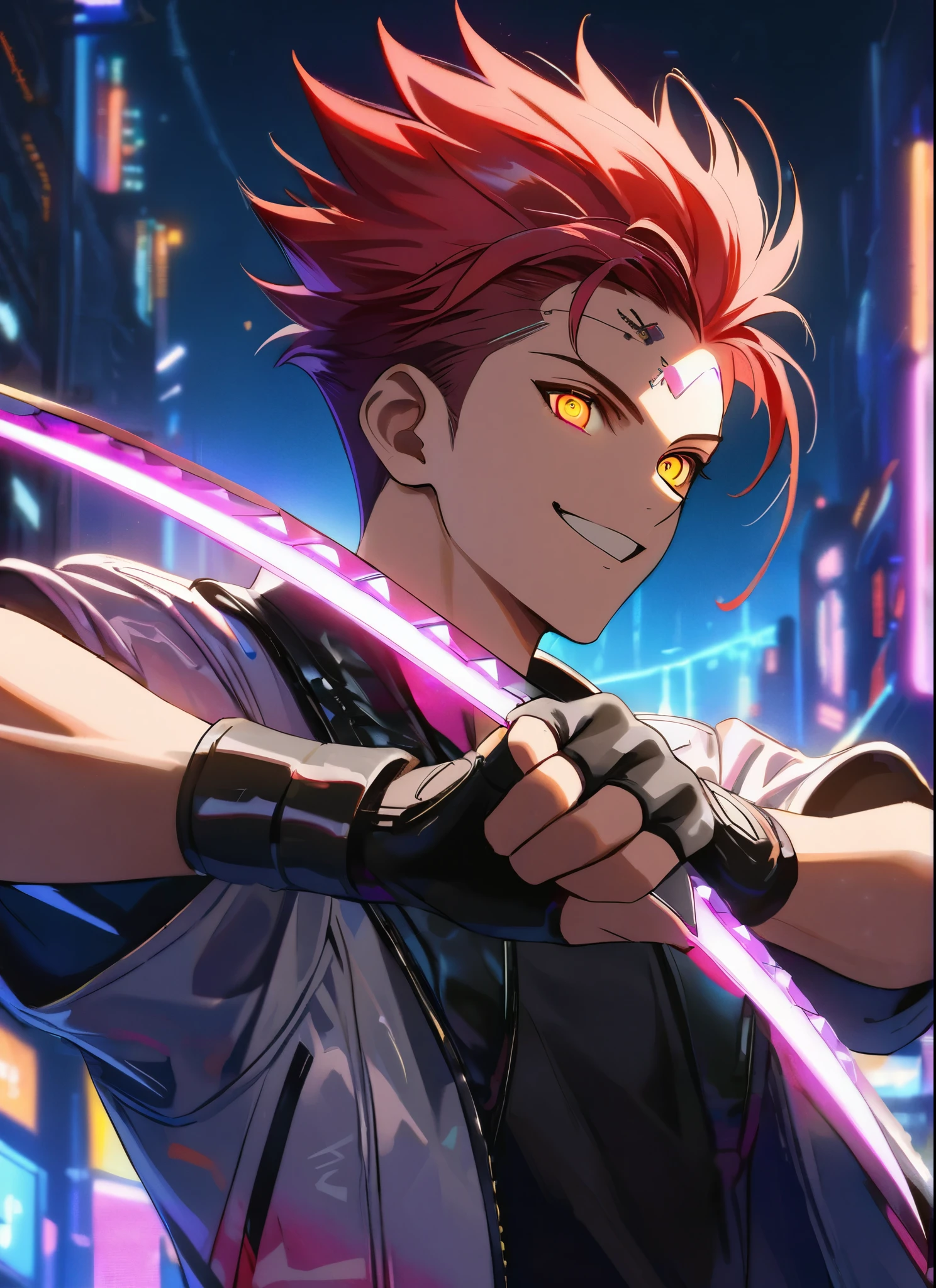 A man, short hair, spiky upwards, with some strands falling on the forehead, holding a perfect neon katana , wearing a leather white jacket and black t shirt, stand and confident pose, confidente smile, cyberpunk, night, fingerless gloves , red hair, neon eyes, ultra detailed face