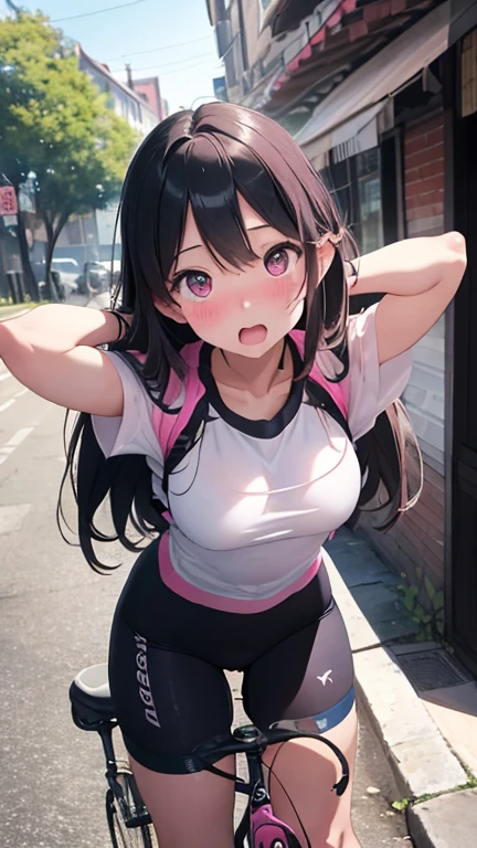 masterpiece、highest quality、Very detailed、Photograph the upper body、1 female、(Put your arms behind your back:1.2)、Are standing、Turn your body forward、View your viewers、(Cycling Wear)、blush、shy、Pink Hair、Open your mouth、In town、Big Breasts、