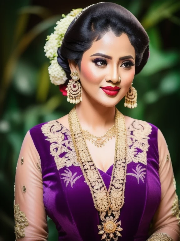 large breasts, cleavage, photography, woman, portrait of java wedding woman in light purple long kebaya dress traditional, red lipstick, golden necklace, earrings, ornate, detail, flowers, look at viewer,
