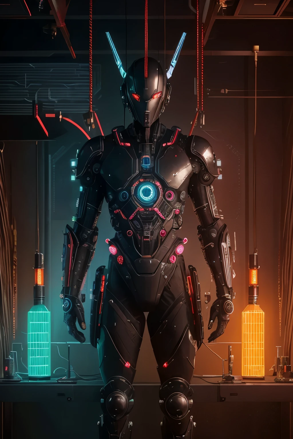 A creepy looking humanoid with wires on his head, a character from the cyberpunk art of Ikuo Hirayama, graces the digital canvas of cgsociety's platform. The Antipodeans' community of artists delved into the depths of dystopian aesthetics, creating a masterpiece that resonated with the darksynth and sci-fi enthusiasts. High-Fashion Pose, the humanoid adopted, added an intriguing juxtaposition, as the blend of organic and mechanical elements combined for a captivating visual experience.
Detailed description:
In the dimly lit room, adorned with neon accents, the