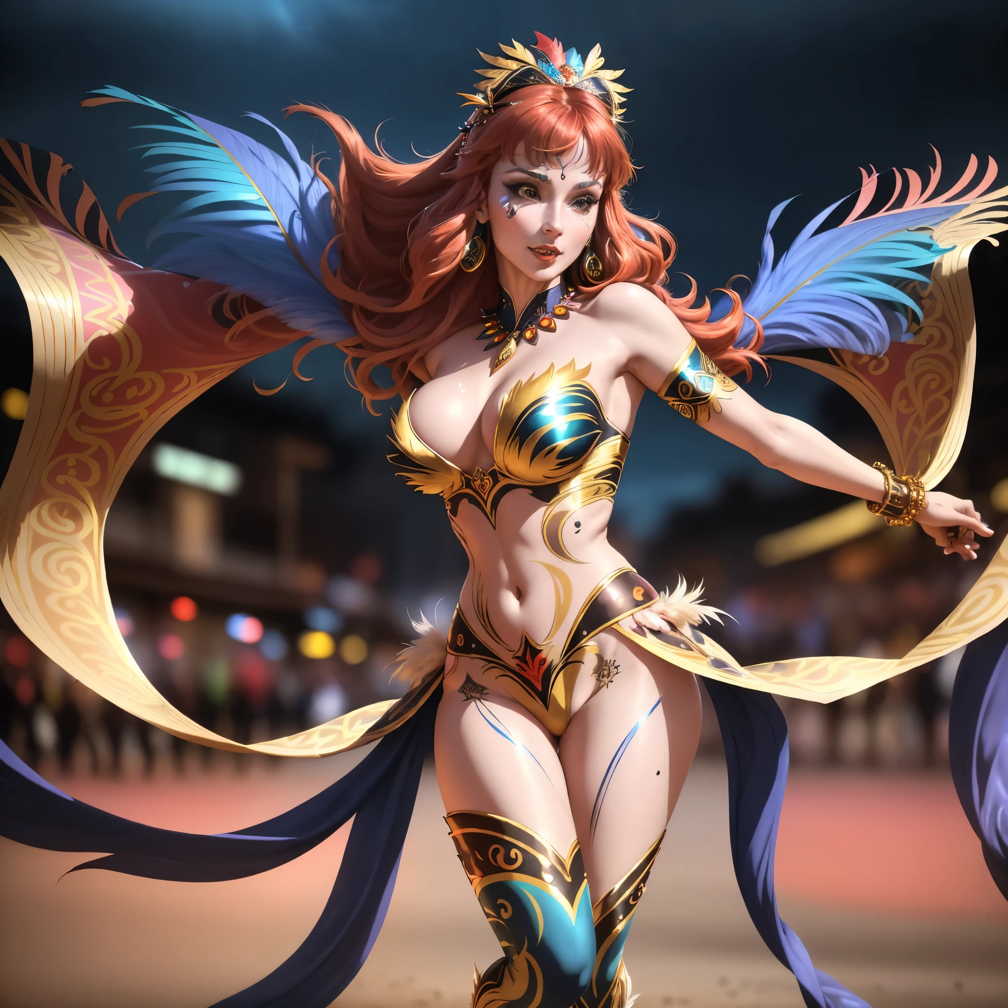 (best quality,4k,8k,highres,masterpiece:1.2),ultra-detailed,(realistic,photorealistic,photo-realistic:1.37),Gates McFadden (age 25),Carnivale costume,body paint,nude,colorful,body paint,decorative sequins,bright big feathers,night time Bangkok parade,energetic atmosphere,vibrant colors,sparkling lights,dazzling makeup,elaborate headpiece,detailed facial features,seductive gaze,confident smile,playful expression,exquisite craftsmanship,attention to detail,feather headdress,extravagant jewelry,eye-catching accessories,elaborate float floats,dancing crowd,thrilling music,energetic dance moves,joyful celebration,lively atmosphere,stylish and glamorous outfit,enchanting visuals,exotic culture,razzle-dazzle display,poise and elegance,mesmerizing performance,colorful backdrop,street performers,traditional dance forms,mystical charm,temporary tattoos,ornate patterns,fascinating artistry,exhilarating experience,numerous embellishments,exotic traditions,unique blend of cultures,vivid color palette,bustling streets,tropical night,electrifying energy,dynamic motion,memorable spectacle,festive celebration,unforgettable memory,unmatched beauty.