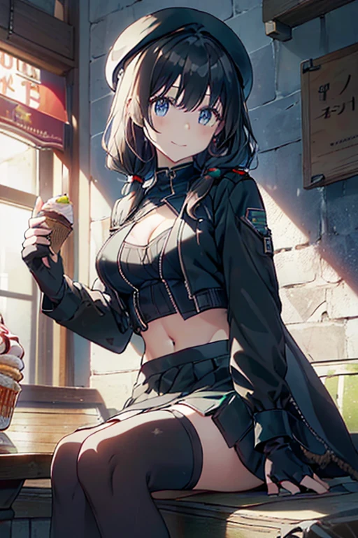 (from below:1.2),(from side:0.9), ((beautiful Face)), (Close-Up:0.6), ((looking at viewer, holding a icecream)),(Italian sweets magazine cover:1.4), highest quality、(real、photorealistic:1.5),(ultra high resolution,dark green hair,long hair,side ponytail,hair between eyes,bangs, (beret, black Military uniform, bulletproof jacket, open clothes, cleavage:1.4, midriff, black perfect medium skirt, black thighhighs, thigh strap, fingerless gloves, single glove:1.2), (double breasted,under bust:1.2), sitting at a table, cute, visual of a cute girl, cute girl, eating cakes, young girl, guweiz, high quality anime artstyle, anime girl, artwork in the style of guweiz, beautiful girl, pretty girl, official artwork,(with sparkling eyes and a contagious smile),her thin pubic hair, looking at viewer, pose muy sexy"