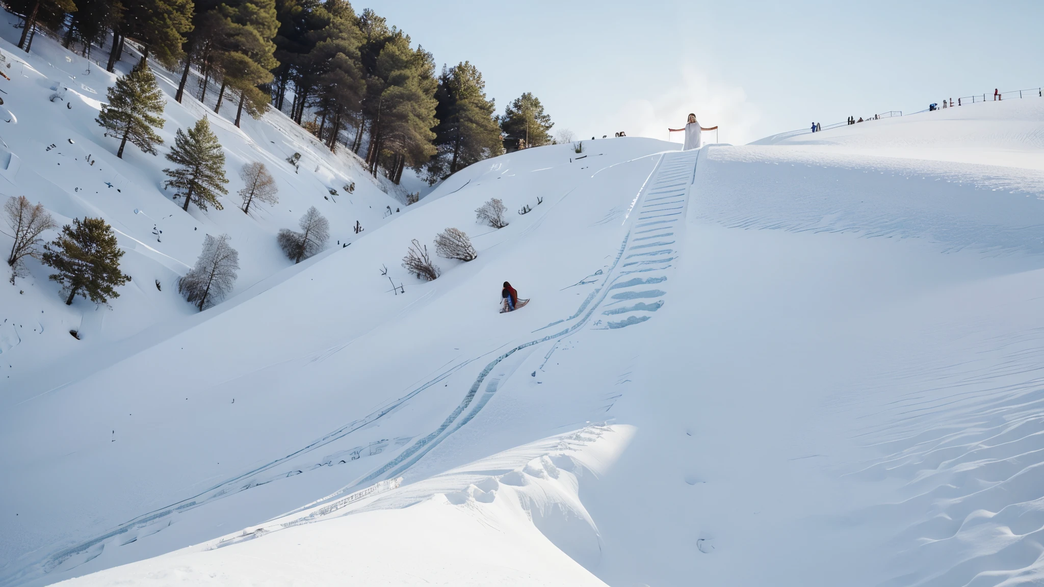 Jesus Christ in white clothes climbing a slope towards heaven, extending his hand with a slight smile on his face