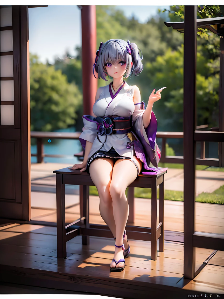 1 girl, japan musume, grey hair, purple eyes, purple pupils, (8k),(high details), absurdres, masterpiece, look viewers, red lips, half sitting, scenary, secret agent, one hand holding chin