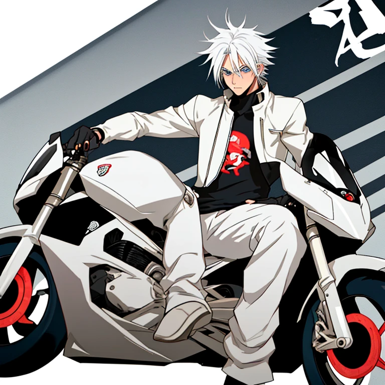 Anime boy white hair in a motocycle bad boy
