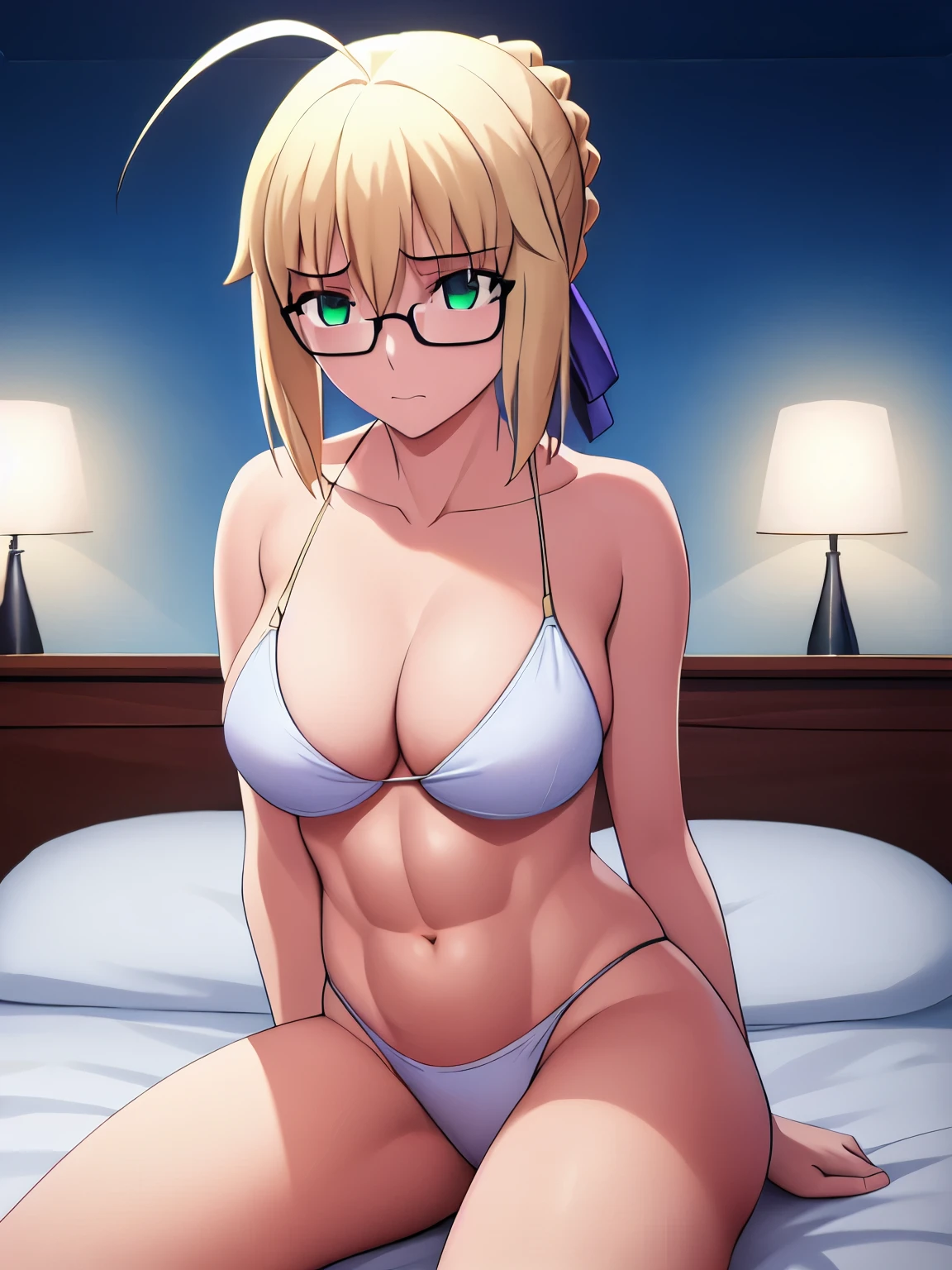 best quality, masterpiece, highres, ray_tracing_graphic, solo, adult_female, {saber_fatestaynightufotable:1.15}, blonde_hair, little_ahoge, white_bunny_ear, green_eyes, blue_ribbon, 1girl, anime_coloring, kuudere_face, glasses, five_fingers, blush, large_breasts, official_white_bikini, blue_straps, from_the_front, sit, bed, dark_room, night_time, looking_at_viewer, oily_skin, sixpack_abs