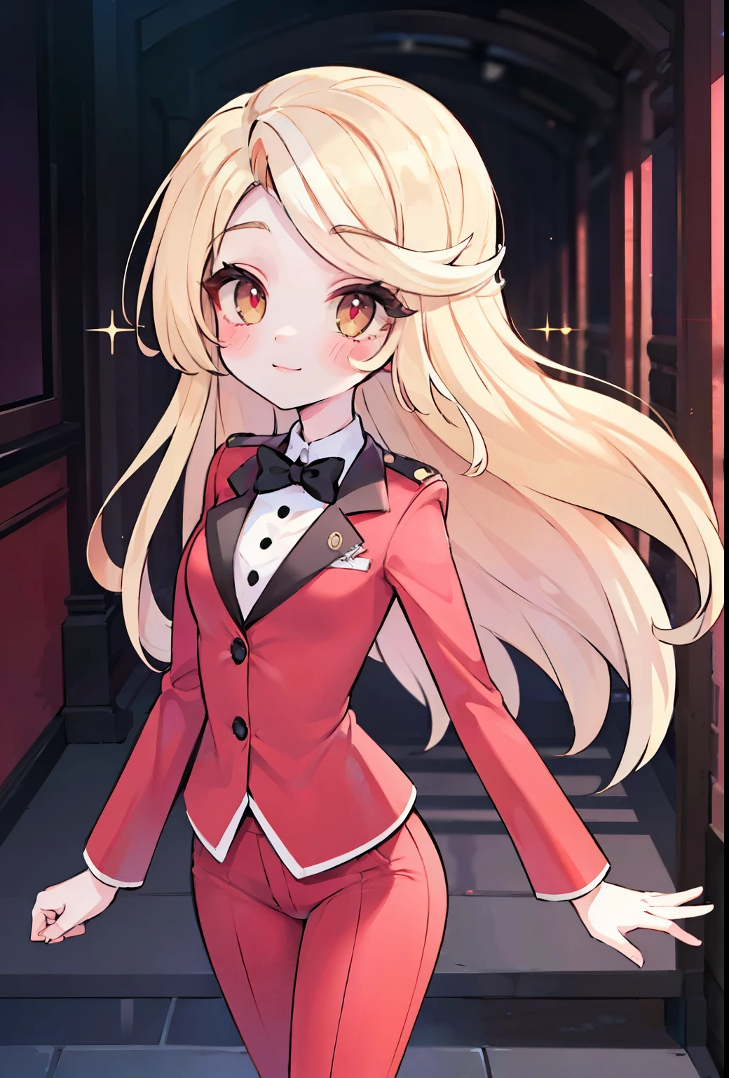 TENDER SMILE, Charlie, pretty girl, cute face, sparkling eyes, sweet expression, soft smile, looking at viewer, lovely,kawaii background,  redSuit, White skin, rosy cheek, blonde ankle-length hair,  twice-banded ponytail with two black hair ties,eyes with light yellow sclera, red pupils, s 
red tuxedo-jacket with darker-colored lapels, high-collared white untucked dress-shirt with small black buttons on the upper-front, small black bowtie and black suspenders over her shoulders, dark red dress pants, medium-heeled white saddle shoes, (masterpiece:1.2), (cowboy-shot:1.2), dark romantic lighting, (highly detailed:1.2), (detailed face:1.2), (full-body shot:1.2), (gradients), colorful, detailed eyes, (natural lighting:1.2), (solo:1.2),