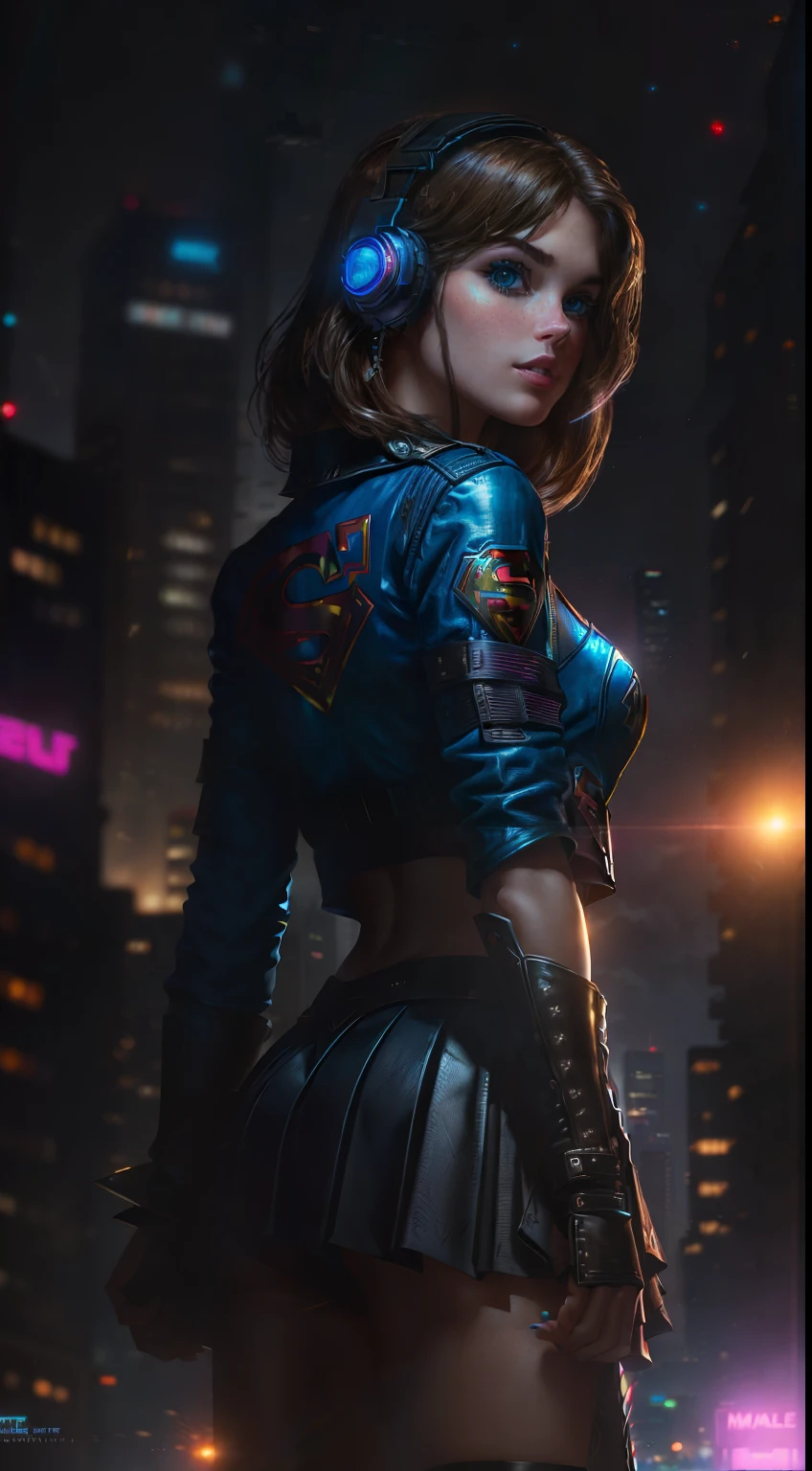 Best quality, realistic, brunette, award-winning Supergirl illustration, (complicated detail: 1.2), (fine detail), (complicated detail), (cinematic lights, best quality backlight), sharp lines, sharp focus, official art, unit 8k wallpaper, absurd, unbelievably absurd, huge file size, ultra- (in_main_street:1.21), (neon lamp), fantasy art, rtx,((triangle closeup photo by award-winning studio)), 1Supergirl, very pretty, (shut up), small breasts, ((Cyberpunk city Street, Battle Maiden)), perfect hands, beautiful detailed blue eyes, Perfect Face, short black hair (Cyberpunk blouse, leather jacket, Martin boots) ,,(headphones_around_hair),((pleated skirt) ), ((supermodel pose)),