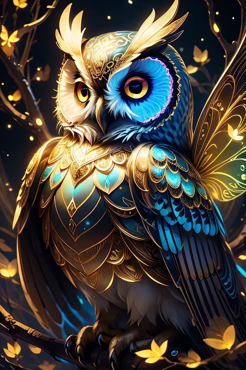 Luminous art owl in fairy costume, psychedelic,god々New Background,god mysterious background,Dignified,gold