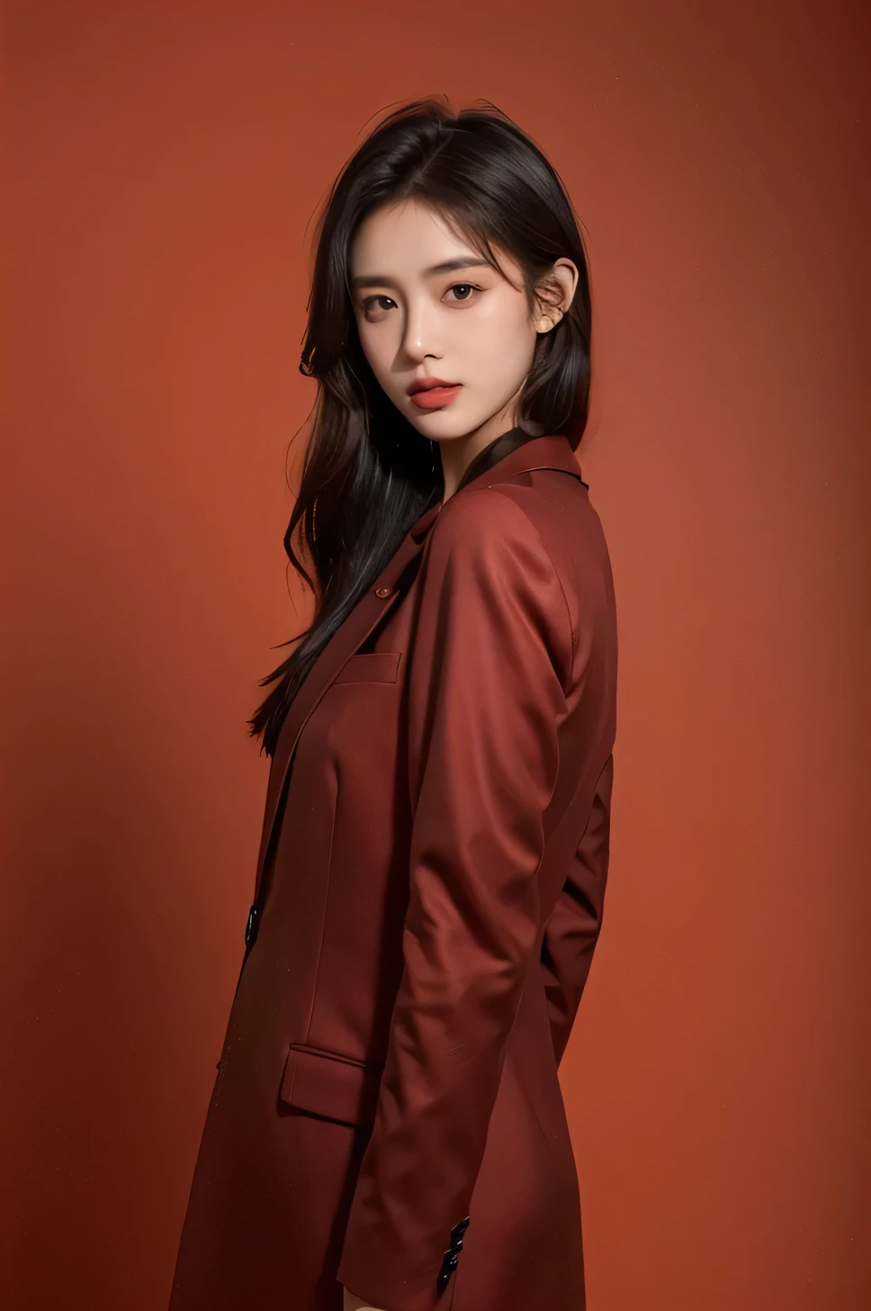 21-year-old girl, black flowing hair, standing confidently in front of a vibrant red background. She is wearing a stylish coat that accentuates her youthful charm. Her beautiful detailed eyes playfully tease, capturing a sense of mischief and allure. The image is of the best quality, with ultra-detailed features that bring out the realistic and photorealistic aspects of the artwork. The lighting is carefully crafted, highlighting her delicate features and casting soft shadows. The overall color palette is vivid and striking, enhancing the visual impact of the scene.