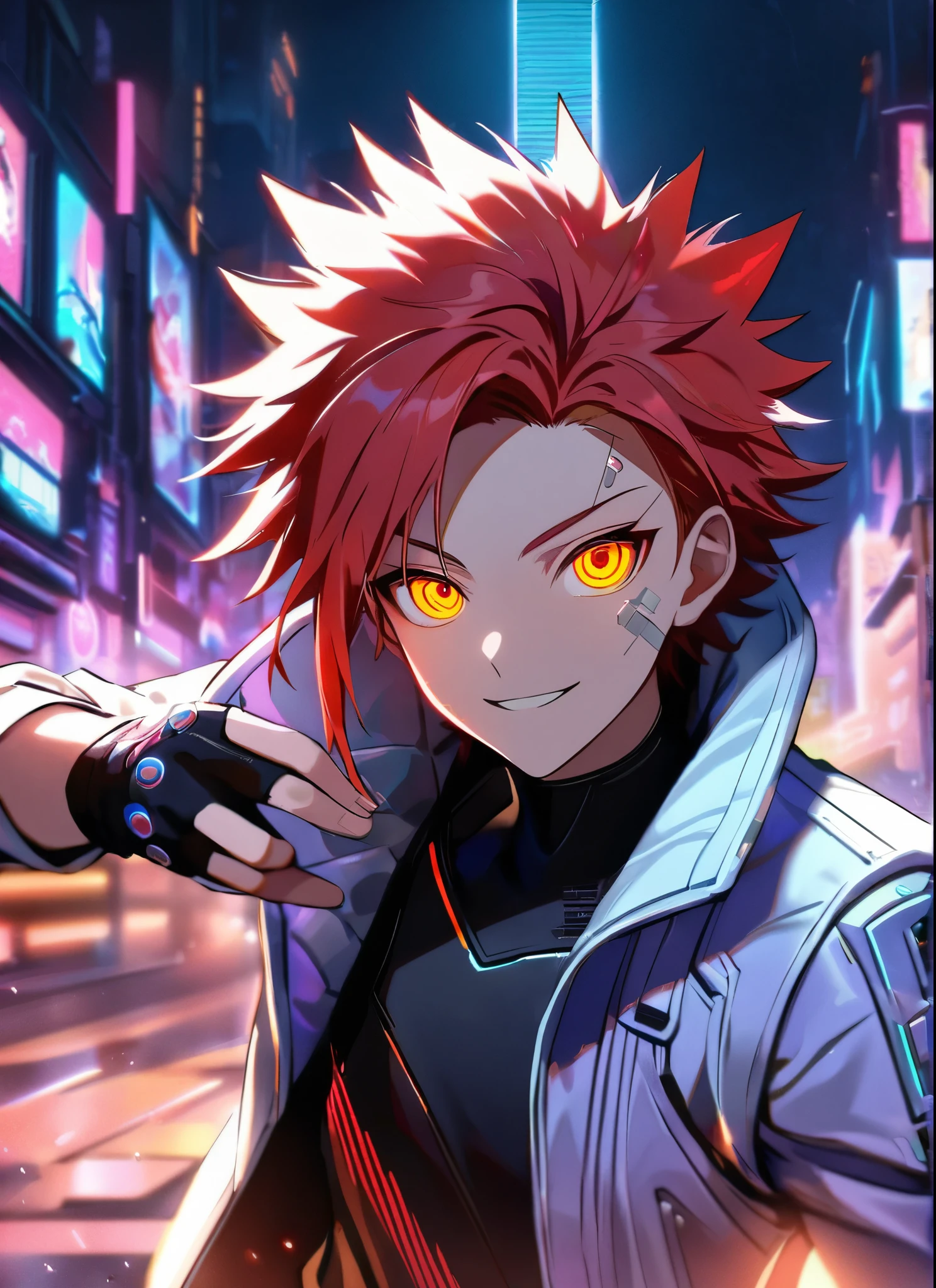 A man, short hair, spiky upwards, with some strands falling on the forehead, holding a perfect neon katana , wearing a leather white jacket and black t shirt, stand and confident pose, confidente smile, cyberpunk, night, fingerless gloves , red hair, neon eyes, ultra detailed face