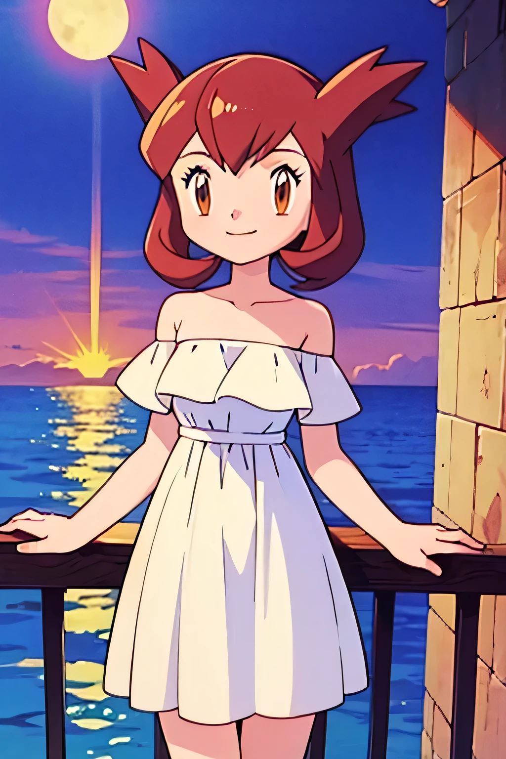 1 girl, solo, Pokemon Heroes (Bianca), Brown Hair, brown eyes, bare shoulders, strapless, off shoulders, white ruffle off the shoulder maxi dress, smile, ocean, standing on top of the balcony, cowboy shot, facing viewer, absurdres, ultra detailed, masterpiece, best quality, ager, pokemovies, purple sundown