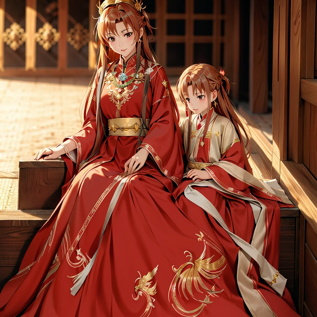 ((highest quality)), ((masterpiece)), (detailed), Perfect Face、Yuuki Asuna、Brown Hair、((5 year old son))、（Mother and son）、（Family photo）、Gorgeous embroidery、Gorgeous Phoenix Crown、The woman is wearing a gorgeous court costume.、Woman has a happy face、Gorgeous hair ornament、Earrings、necklace、Bracelet、Luxury accessories、His son is the prince