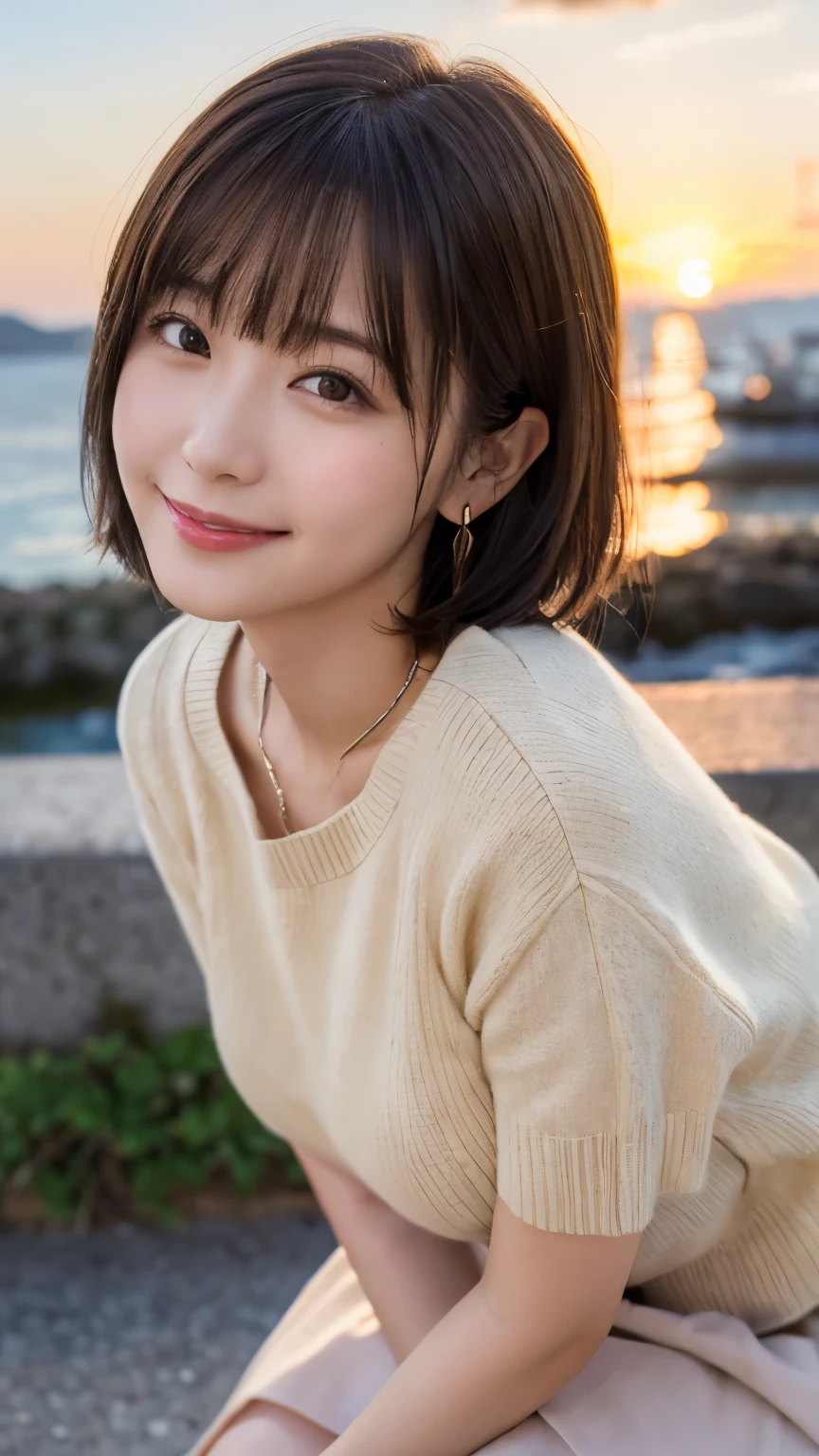 (best quality,masterpiece:1.3,Ultra-high resolution),(Ultra Detailed,Caustic lines,8k),(Practical:1.4,RAW Shooting),18 years old,Lovely,Japanese,Brown short hair，Outward volume,(Beige summer sweater),(Smile),Look up at the camera、(Brown skirt),Blue sky,sun,Backlight,(coastline),(sunset、sunset:1.1),,(Shot from the waist up),(Face focus),(Close-up face),(High situation:1.3),(High Angle:1.3),Natural light 、照れたSmile、Parted bangs、Large Breasts、With small earrings、silver necklace、((G cup、Large Breasts))、照れくさいSmile、((The camera angle is diagonal:1.2))、Today I came to the port city.、Head tilt gesture