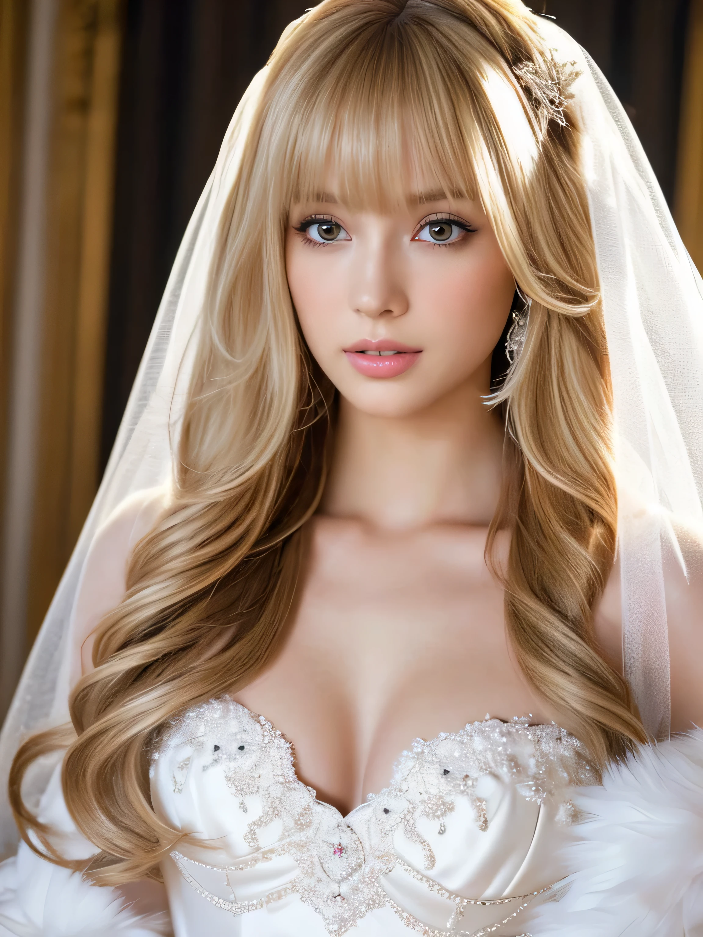 (Very large pure white angel wings of an archangel Wedding dress standing in front of a curtain, soft elegant gown, wearing a Wedding dress, dressed beautiful gown, Wedding dress, wearing organza gown, gown, Tulle and lace, white regal gown, With natural light as a background, beautiful Wedding dress, white gown, Elegant and graceful, beautiful gown, beautiful and elegant, intricate gown, romantic gown Wedding dress standing in front of a curtain, a portrait by Eizan Kikukawa, Pinterest, Baroque, soft elegant gown, wearing a Wedding dress, dressed beautiful gown, Wedding dress, wearing organza gown, gown, Tulle and lace, white regal gown, With natural light as a background, beautiful Wedding dress, white gown) ((Full Shot:1.2)) ((highest quality)), ((masterpiece)), (Get used to it), Perfect Face (1 girl) (French) (She is 18 years old、The cutest and most beautiful fantasy girls from France) ((highest quality)), ((masterpiece)), length blonde hair length, Shiny golden hair,Golden Silky Hair, Straight blonde hair, length blonde straight hair, Perfect Silky Straight Hair, Straight blonde hair, length blonde hair, Her hair is long and straight, detailed length blonde hair Super Long Hair down to the ankles ((Neat bangs The neatly trimmed bangs are princess cut and cover the entire forehead..)) (Big Tits 1.4) bright crimson lips good, Anatomically correct hand Thin fingers Anatomically correct five fingers Sexy professional makeup Beautiful French girl face, French facial features, Long Hair shiny Long Hair, length, Shiny golden hair, length, Straight Golden Hair, Her hair is long and straight, Super Long Hair girl, Silky Hair, length blonde hair, Silky Hair, length, Flat Hair, Silky texture, Long Hair, length, flowing blonde hair, thin and shiny hair Anatomically correct、White beautiful human skin and detail of hands and fingers Beautiful Eyes Mouth Details the corners of the mouth rise slightly Cool look (The eyebrows are dark brown in color) (She looks at the viewer and gives a sweet smile.) (The location of the photo is a starry sky, a ladder, and a flock of birds.., Matte paintings inspired by Johan Jongkind, Shutterstock, magical realism, Entrance to the spirit world, Magic portal in the sky, In the astral world ) ) ), Esoteric equation heaven, Dreamscape Painting, stairway to heaven, magical dreamy atmosphere, Entrance to the spirit world