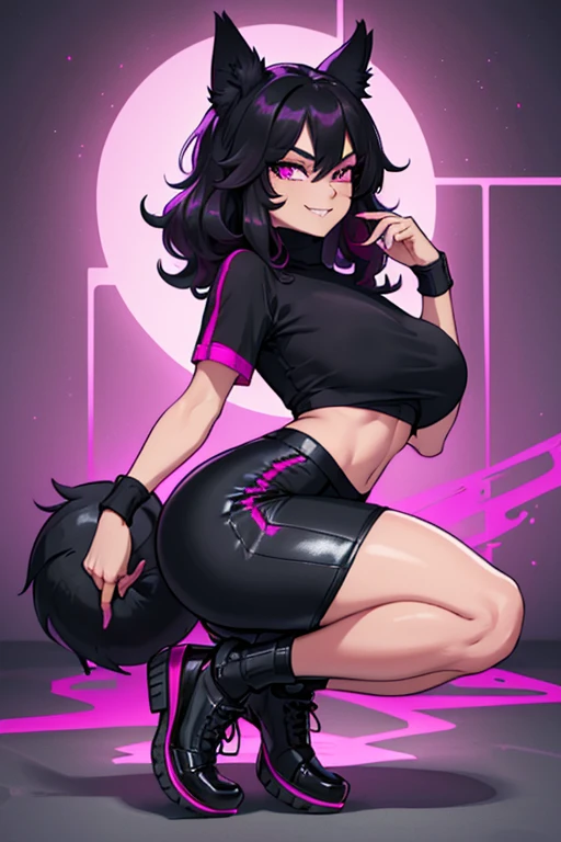 female, black long hair with magenta highlights, silver eyes, black wolf ears, black wolf tail (((1girl))), (((black turtleneck short sleeve t-shirt))), (black pants with magenta trim), (black shoes), (magenta cropped tracksuit jacket), cute and sexy, full body, large breasts, large butt, long legs, smiling