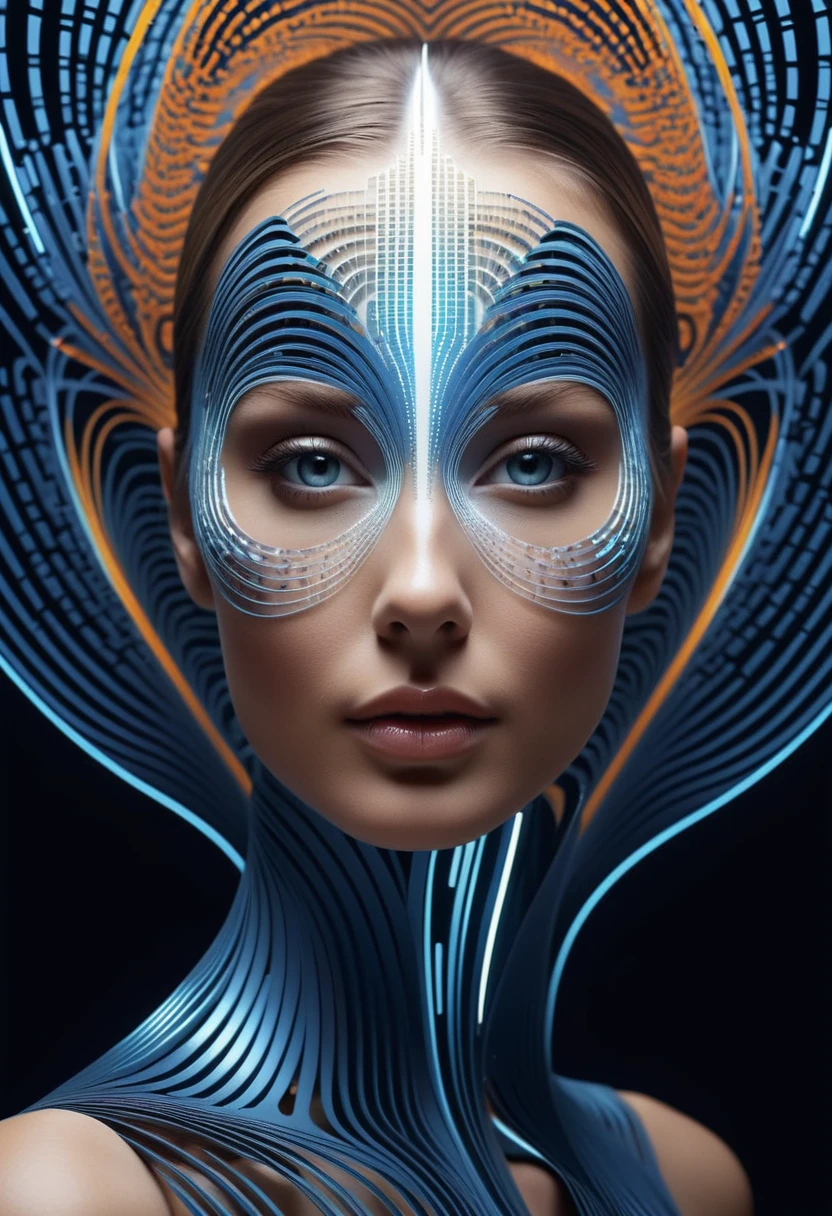 Paper Art Cut Portraits, Beautiful supermodel made with cybernetic digital binary barcode data in synesthesia style, Vector dot futuristic, Fractal Art, The wave rises in a perfect spiral, luminogram jewel - metallic tone gradient, Charged glowing circuit wave, Cinema 4D, Octane Rendering, Very detailed, Algorithmic Symmetry, Movie Lighting, Surreal, 8k, Unreal Engine, Extremely detailed, Ultra HD