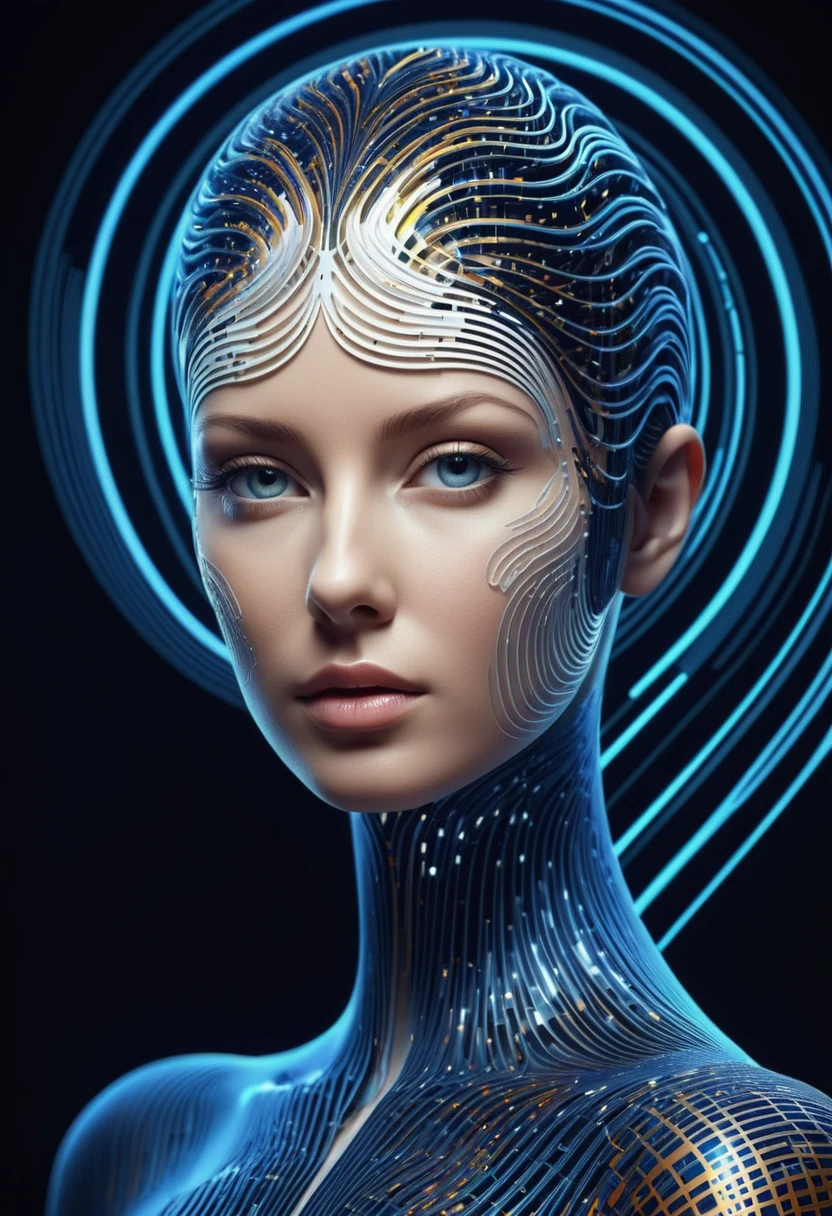 Paper Art Cut Portraits, Beautiful supermodel made with cybernetic digital binary barcode data in synesthesia style, Vector dot futuristic, Fractal Art, The wave rises in a perfect spiral, luminogram jewel - metallic tone gradient, Charged glowing circuit wave, Cinema 4D, Octane Rendering, Very detailed, Algorithmic Symmetry, Movie Lighting, Surreal, 8k, Unreal Engine, Extremely detailed, Ultra HD